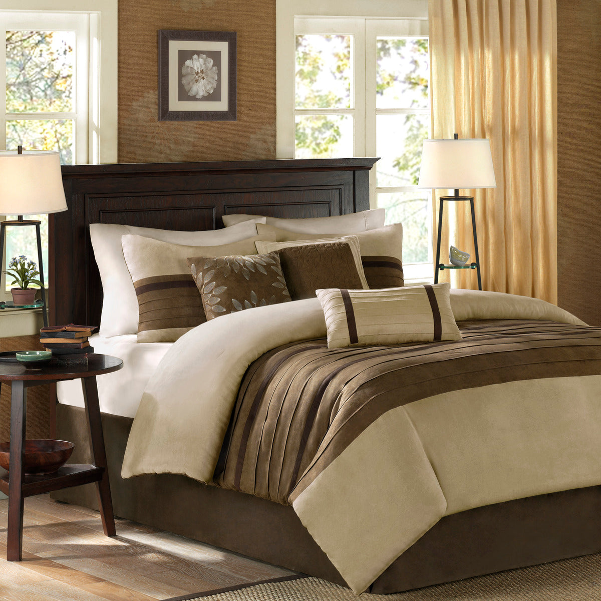 7 PC Pieced Faux Suede Comforter Set Natural King