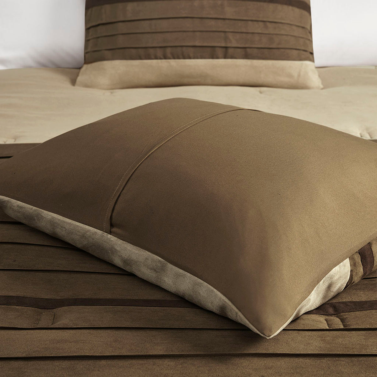 7 PC Pieced Faux Suede Comforter Set Natural King