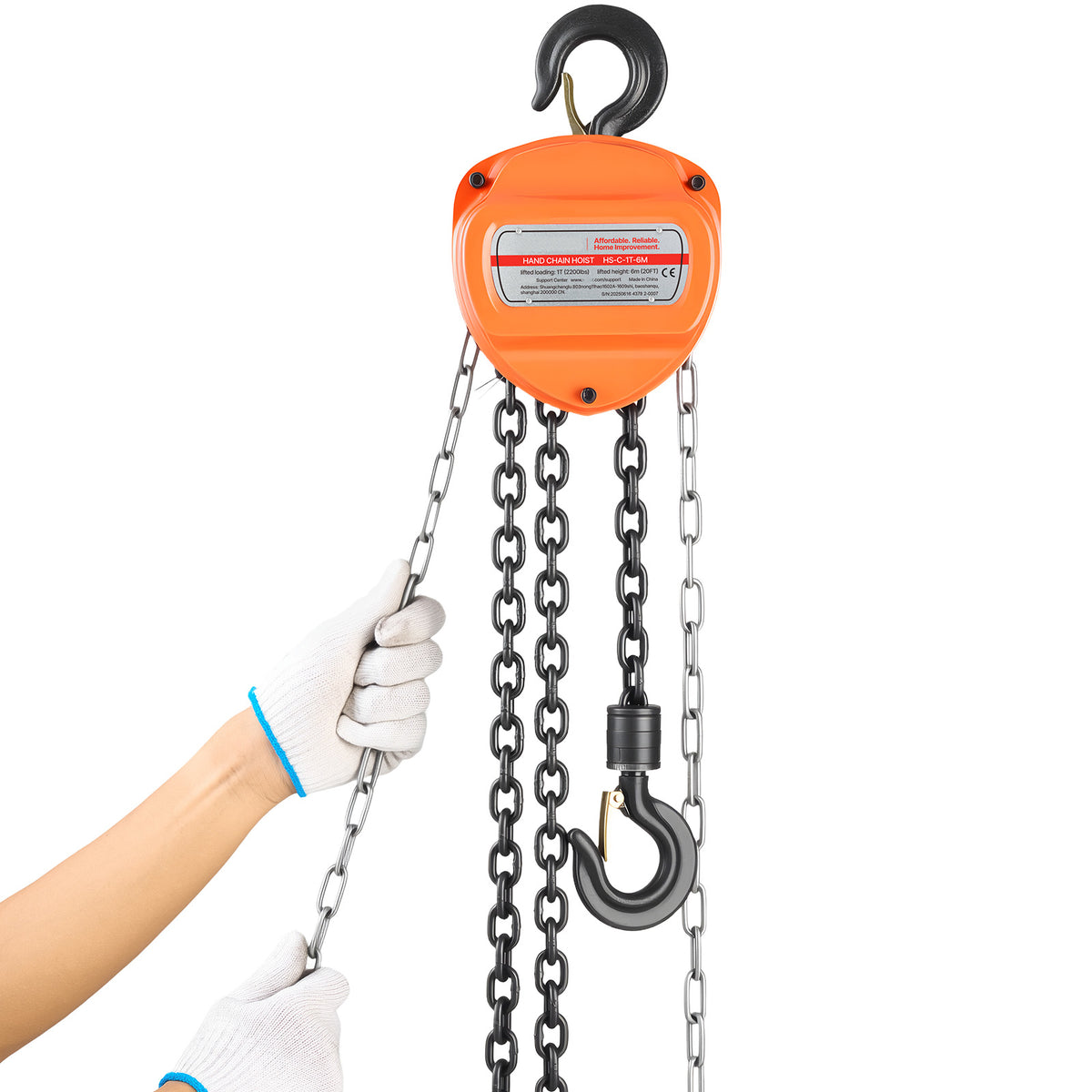 Hand Chain Hoist, 1 Ton 2200 lbs Capacity, Manual Chain Block with Upgrade G80 Galvanized Chain, 20 ft Lifting Height, Heavy Duty Pulley Hoist for Garage Warehouse Automotive Machinery, Orange