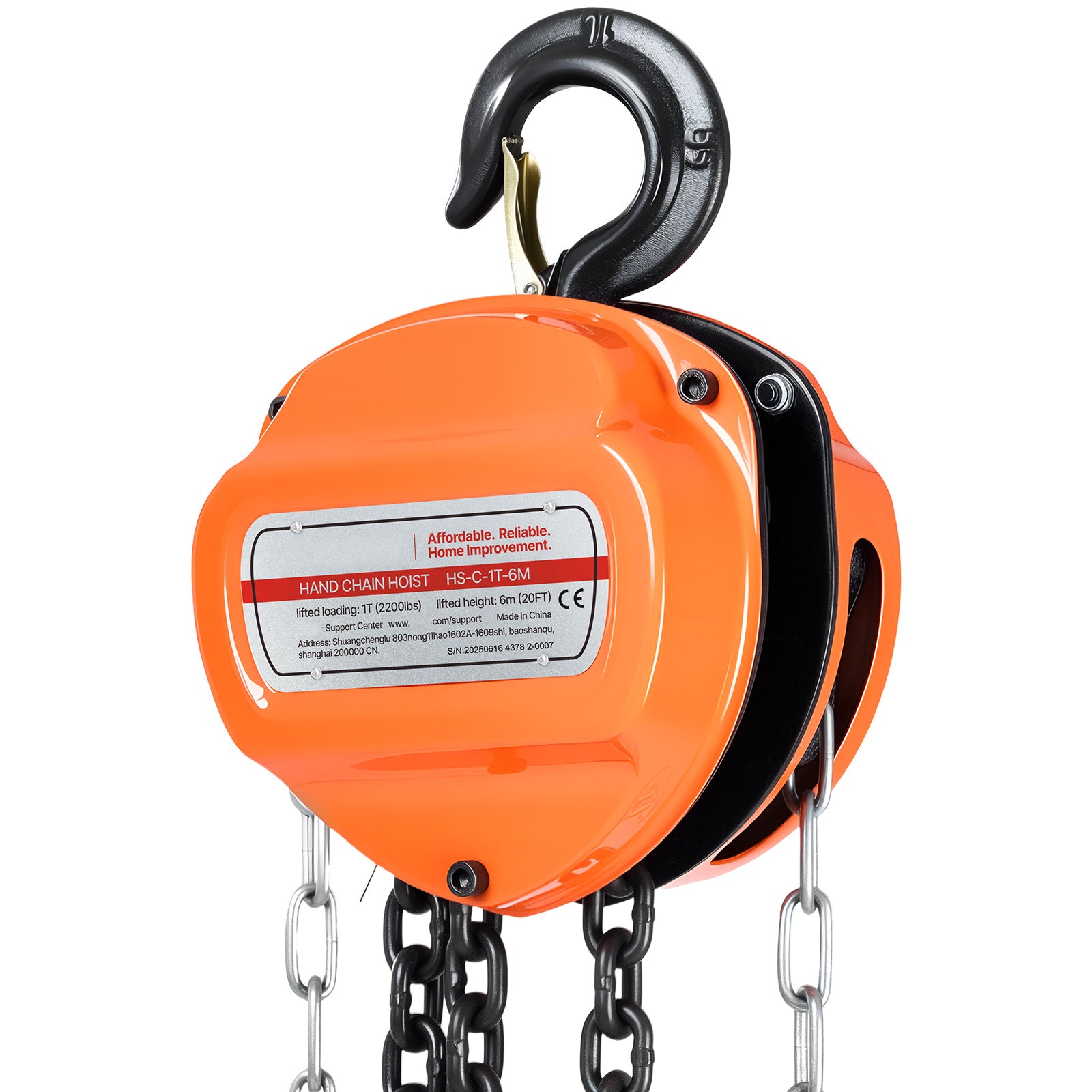Hand Chain Hoist, 1 Ton 2200 lbs Capacity, Manual Chain Block with Upgrade G80 Galvanized Chain, 20 ft Lifting Height, Heavy Duty Pulley Hoist for Garage Warehouse Automotive Machinery, Orange