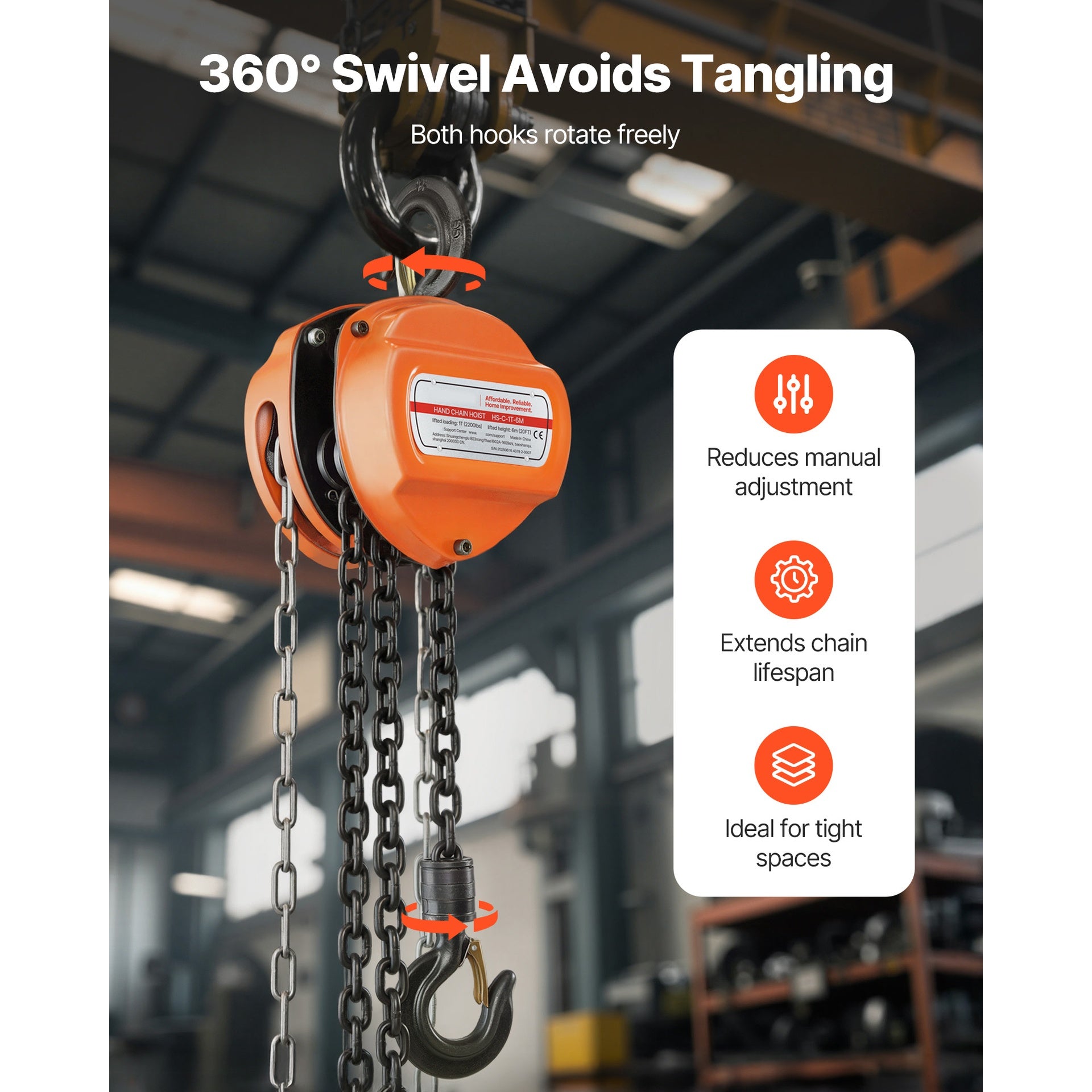 Hand Chain Hoist, 1 Ton 2200 lbs Capacity, Manual Chain Block with Upgrade G80 Galvanized Chain, 20 ft Lifting Height, Heavy Duty Pulley Hoist for Garage Warehouse Automotive Machinery, Orange