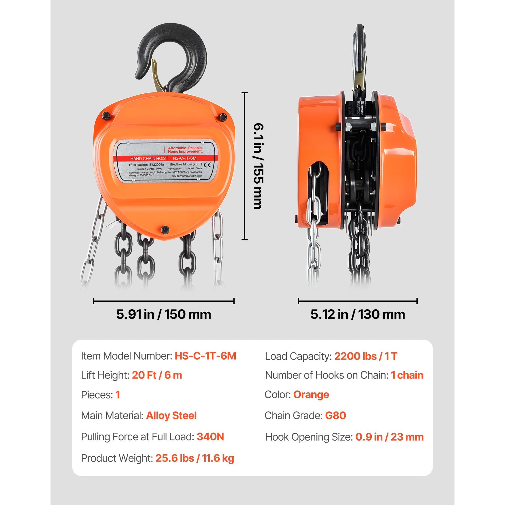 Hand Chain Hoist, 1 Ton 2200 lbs Capacity, Manual Chain Block with Upgrade G80 Galvanized Chain, 20 ft Lifting Height, Heavy Duty Pulley Hoist for Garage Warehouse Automotive Machinery, Orange