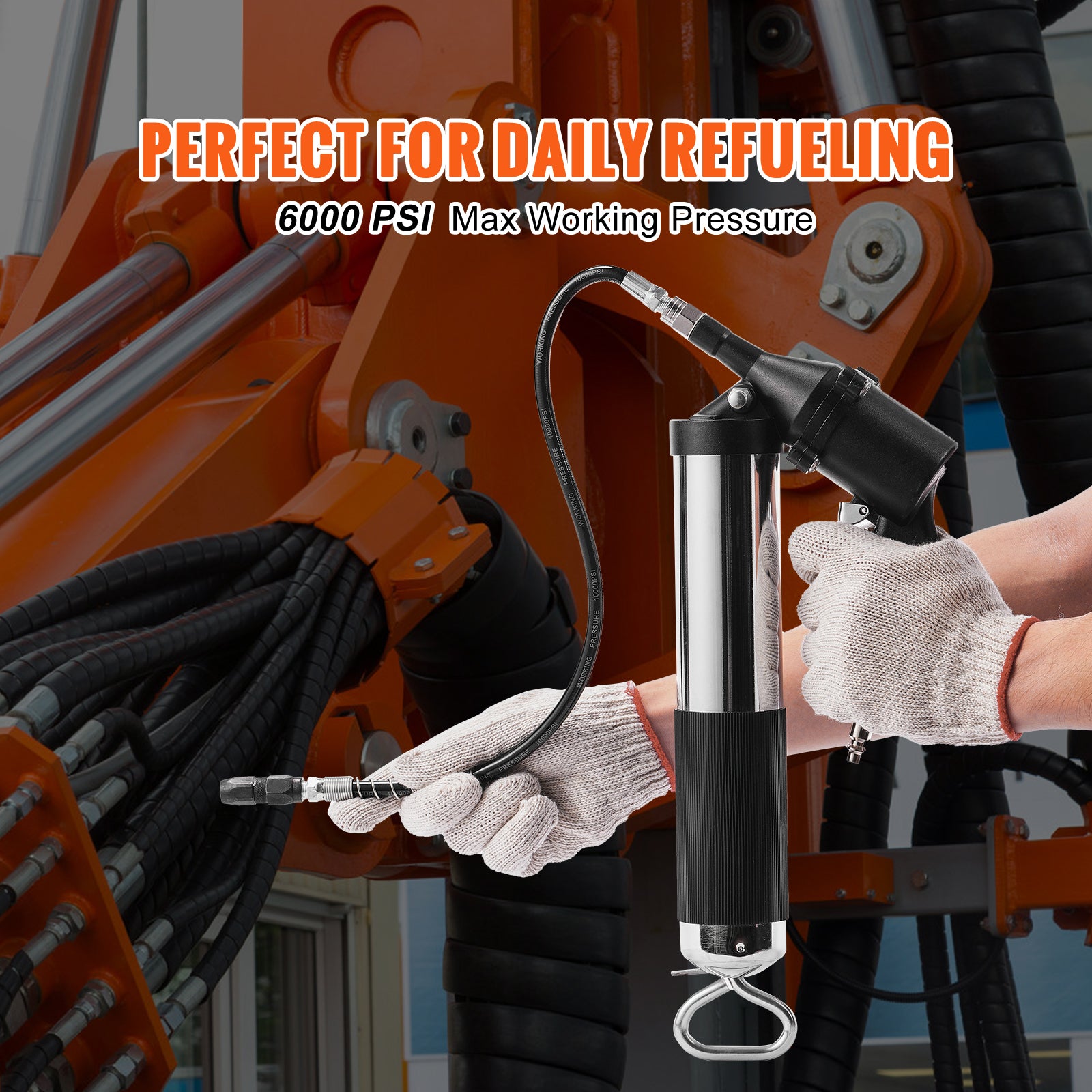 Air Operated Grease Gun, 6000PSI, 14 OZ/400 CC Capacity Heavy Duty Pneumatic Grease Gun, with 18.5 Inch Flexible Hose, 1 Black Flat Coupler Pointed Coupler Bent Metal Pipe Locking Clamp Coupler