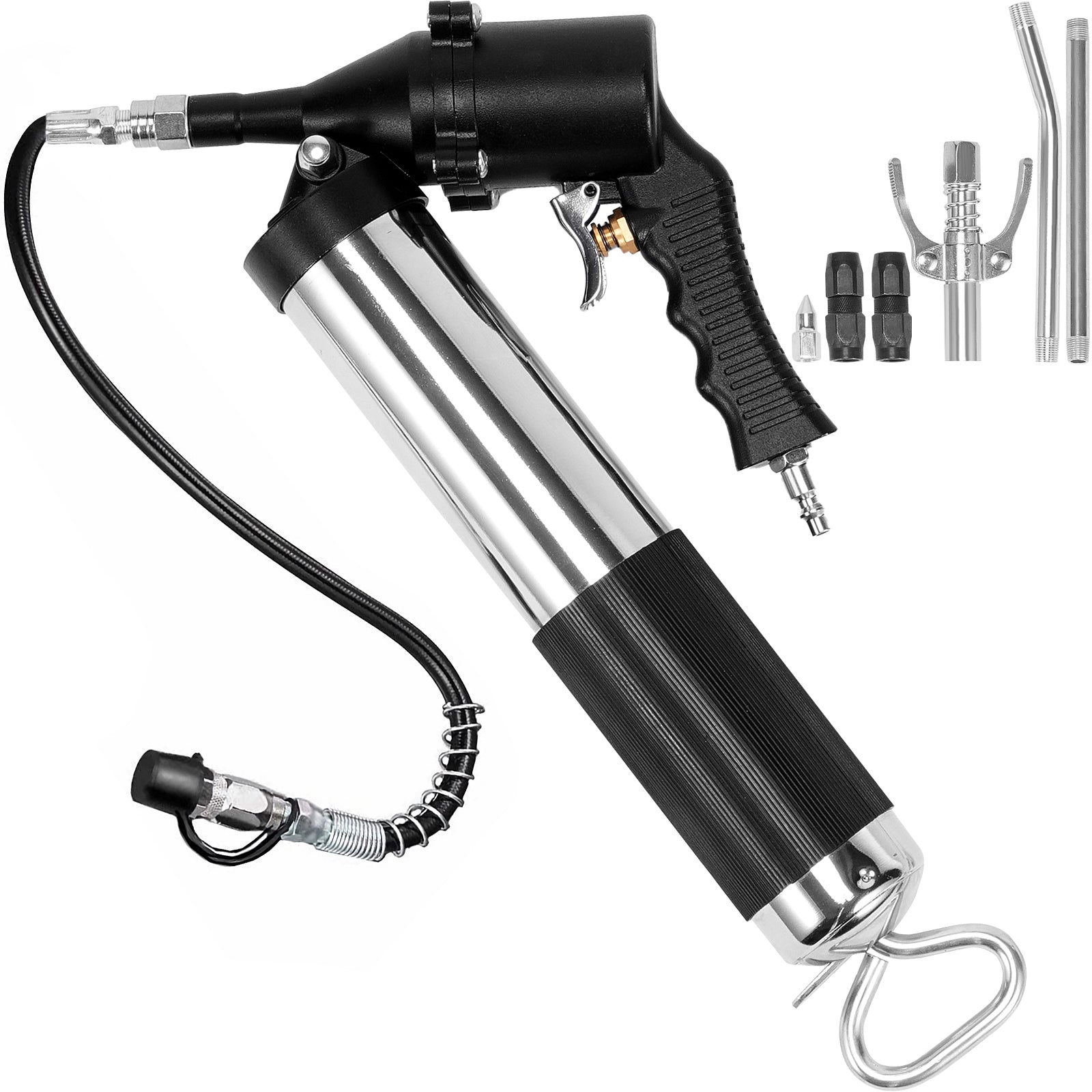 Air Operated Grease Gun, 6000PSI, 14 OZ/400 CC Capacity Heavy Duty Pneumatic Grease Gun, with 18.5 Inch Flexible Hose, 1 Black Flat Coupler Pointed Coupler Bent Metal Pipe Locking Clamp Coupler