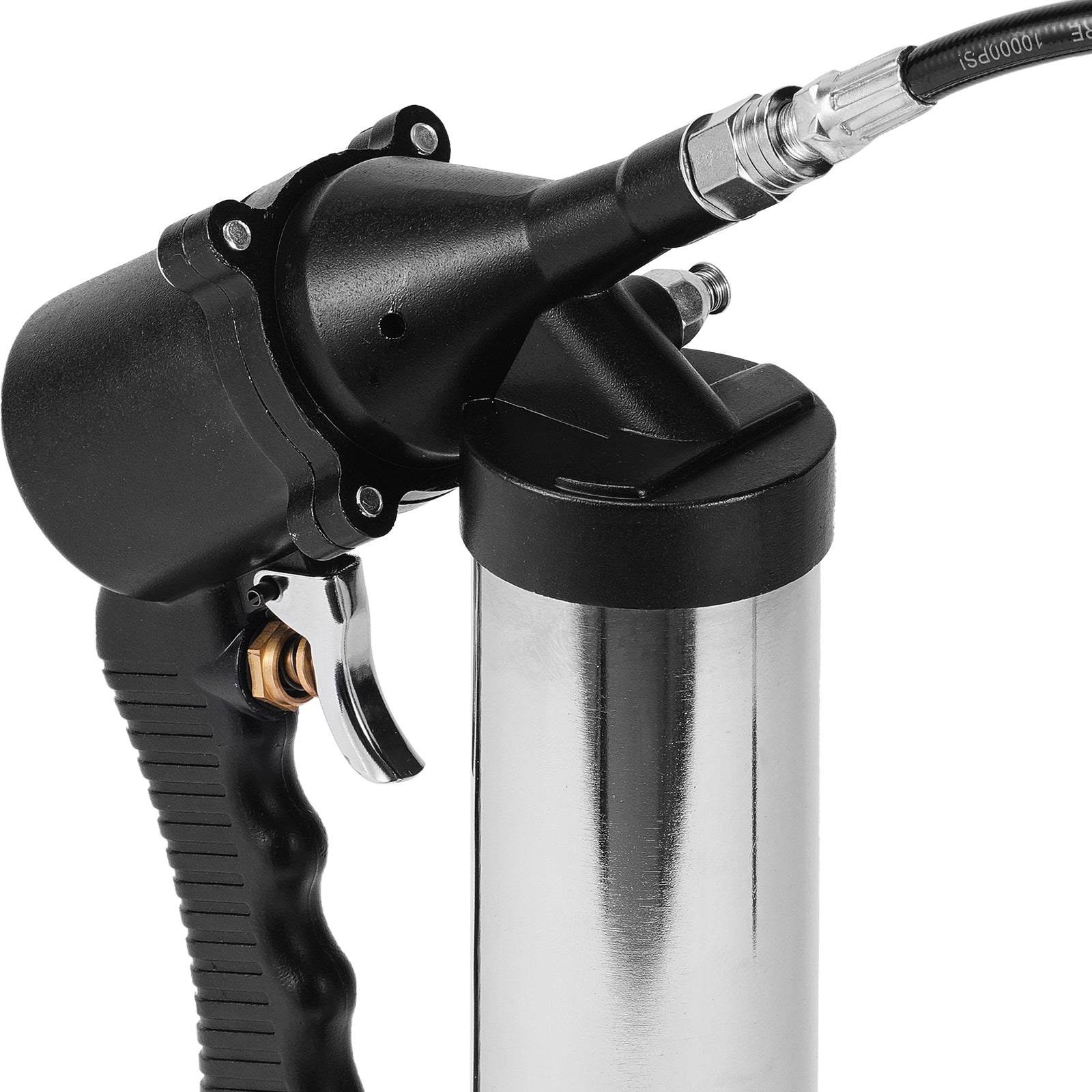 Air Operated Grease Gun, 6000PSI, 14 OZ/400 CC Capacity Heavy Duty Pneumatic Grease Gun, with 18.5 Inch Flexible Hose, 1 Black Flat Coupler Pointed Coupler Bent Metal Pipe Locking Clamp Coupler