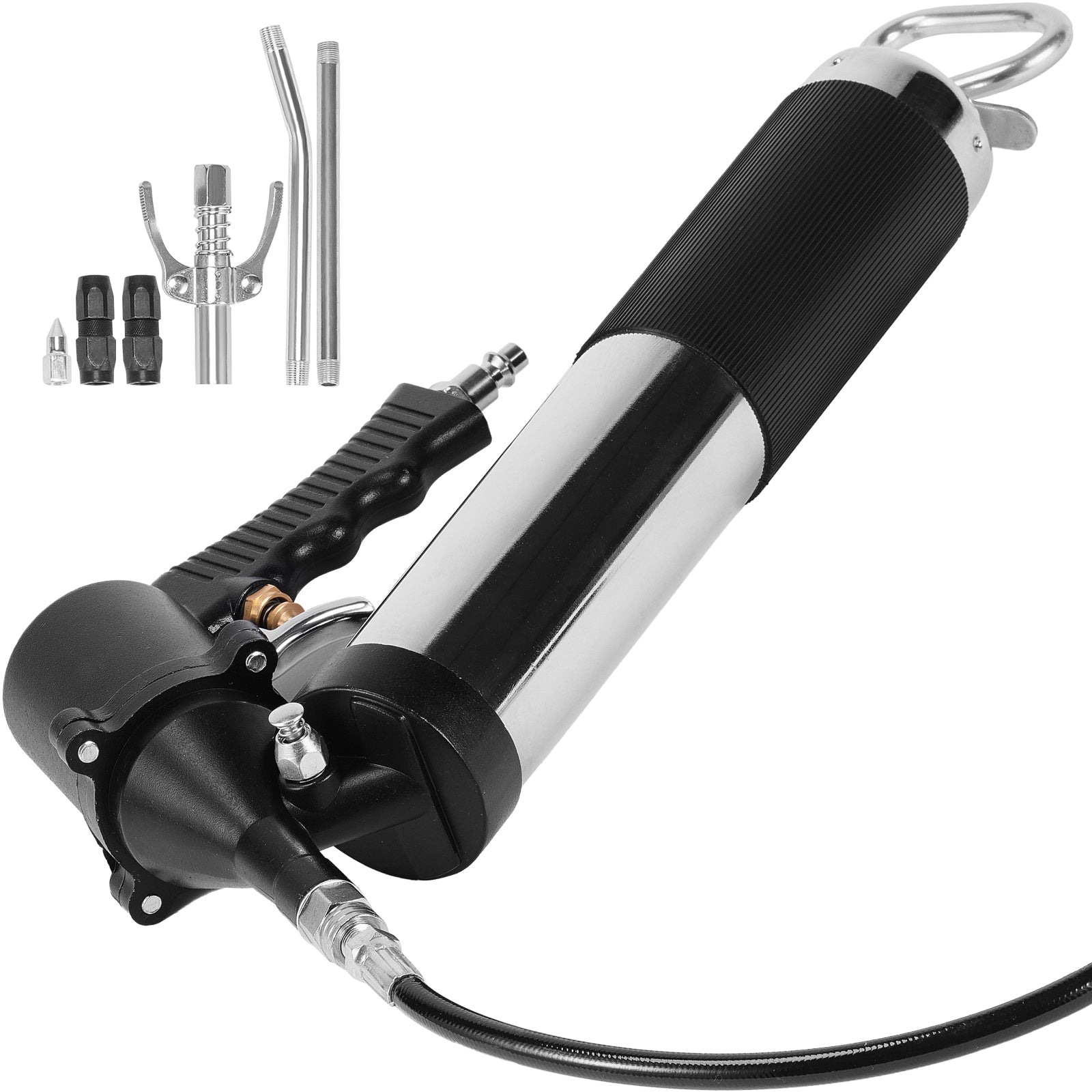 Air Operated Grease Gun, 6000PSI, 14 OZ/400 CC Capacity Heavy Duty Pneumatic Grease Gun, with 18.5 Inch Flexible Hose, 1 Black Flat Coupler Pointed Coupler Bent Metal Pipe Locking Clamp Coupler