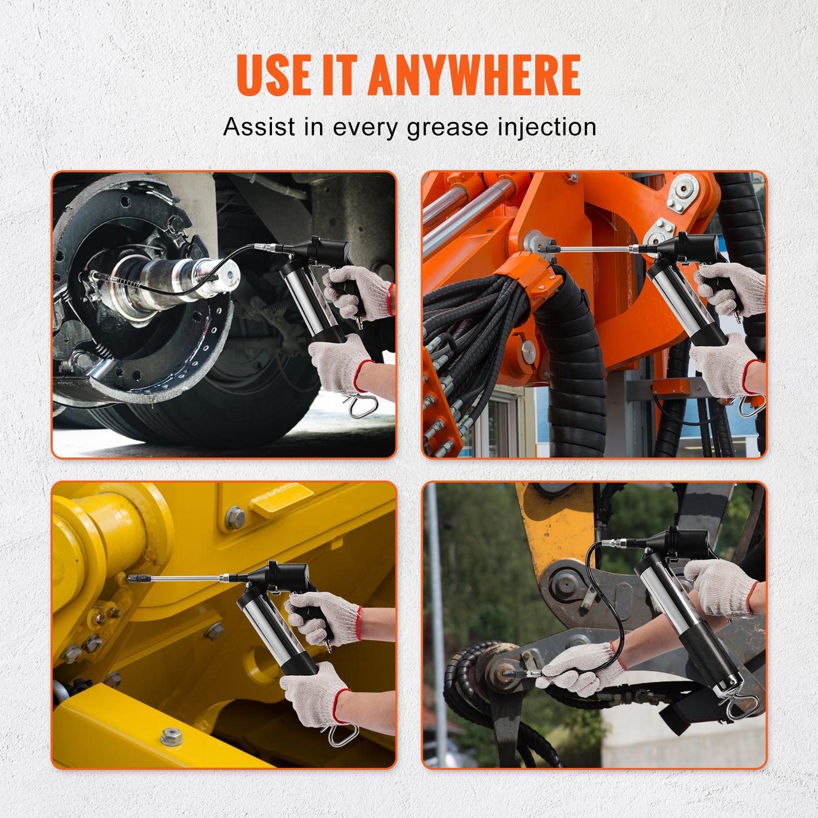 Air Operated Grease Gun, 6000PSI, 14 OZ/400 CC Capacity Heavy Duty Pneumatic Grease Gun, with 18.5 Inch Flexible Hose, 1 Black Flat Coupler Pointed Coupler Bent Metal Pipe Locking Clamp Coupler