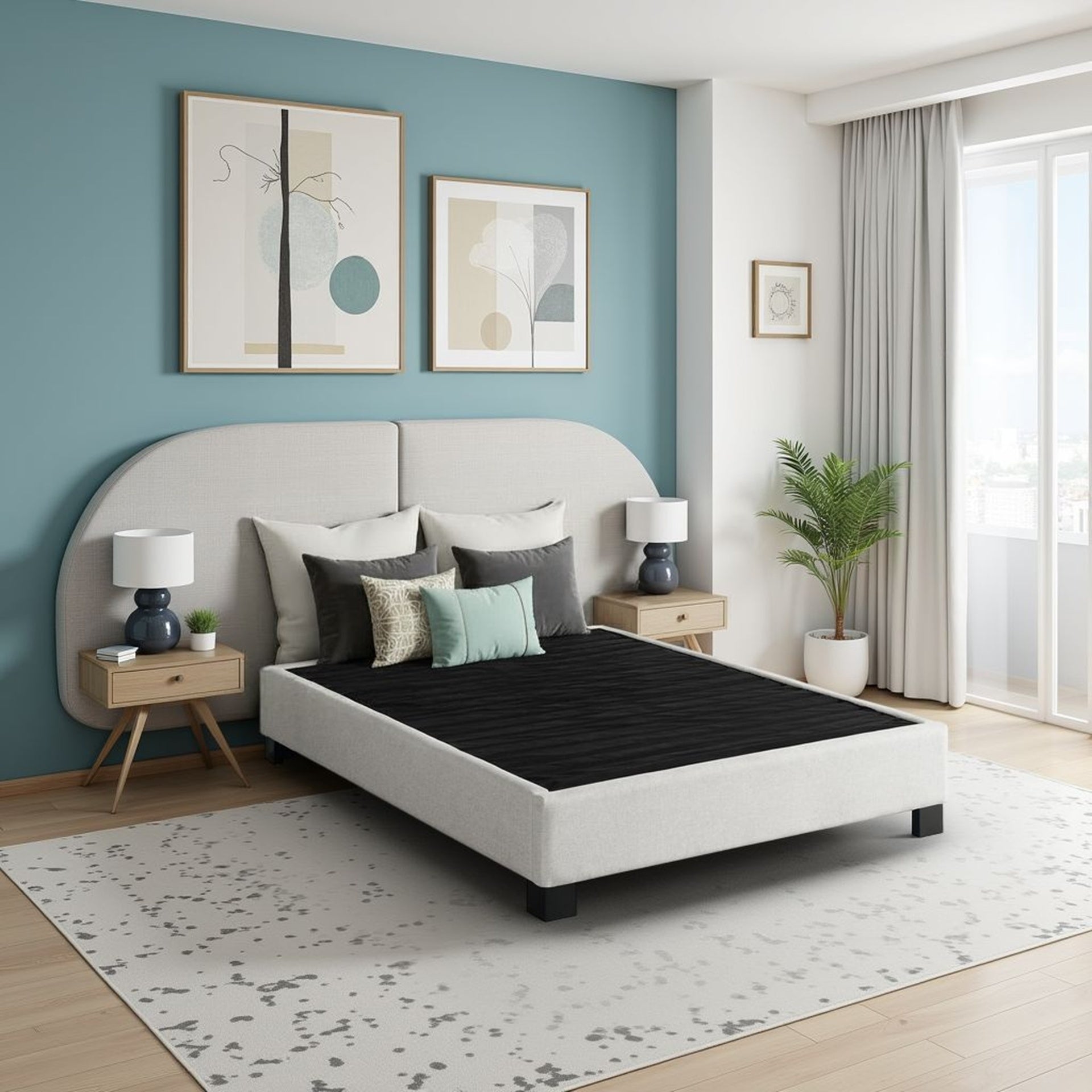 Modern Contempo Queen Upholstered Bed Platform Base, Oatmeal
