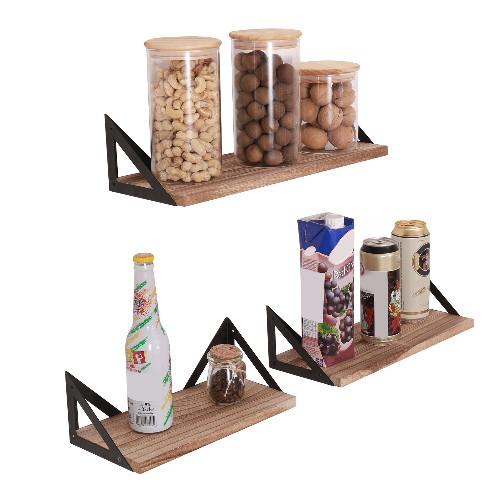 Floating Shelves, Long Wall Shelves Set of 3, Wall Mounted Shelves with Brackets for Bedroom, Living Room, Kitchen, Bathroom– Natural Wood