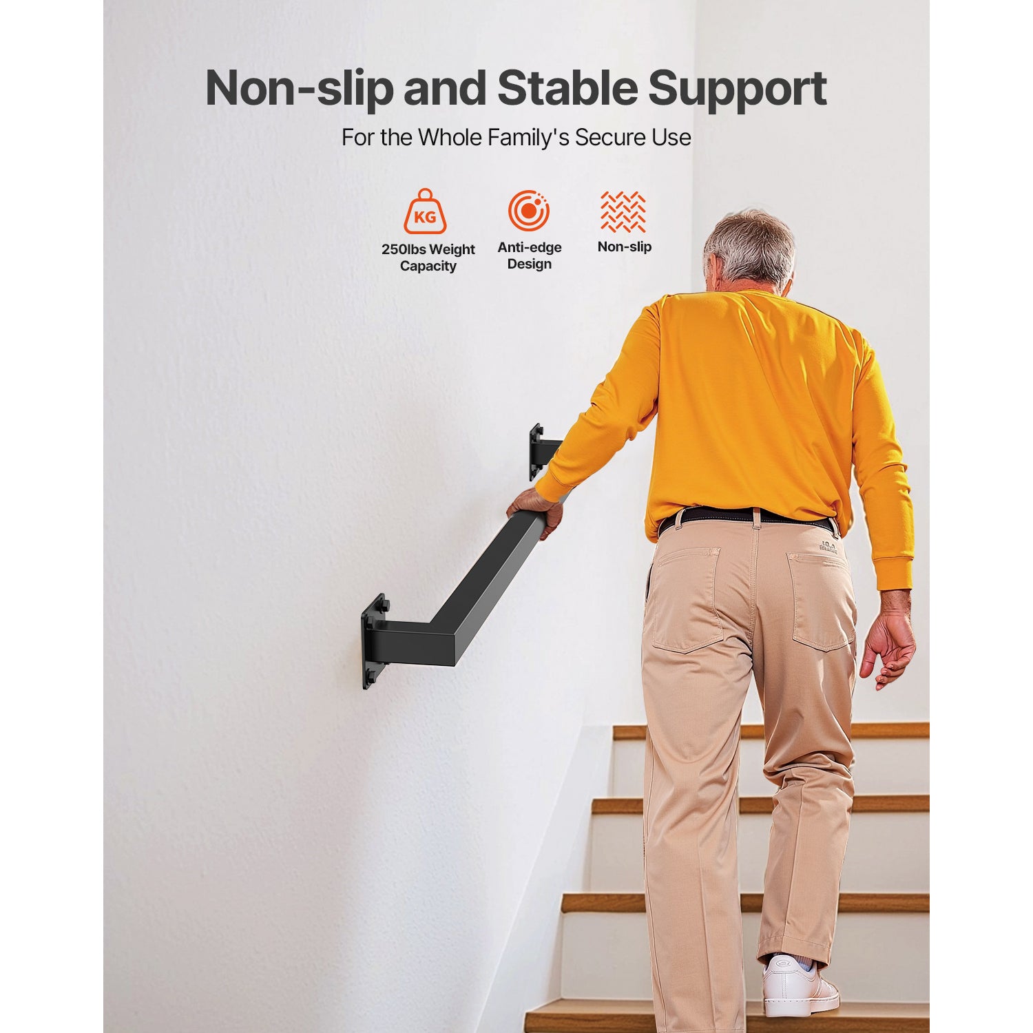4ft Wall Mounted Stair Handrail Black Iron 250lbs Load Capacity Square Tube