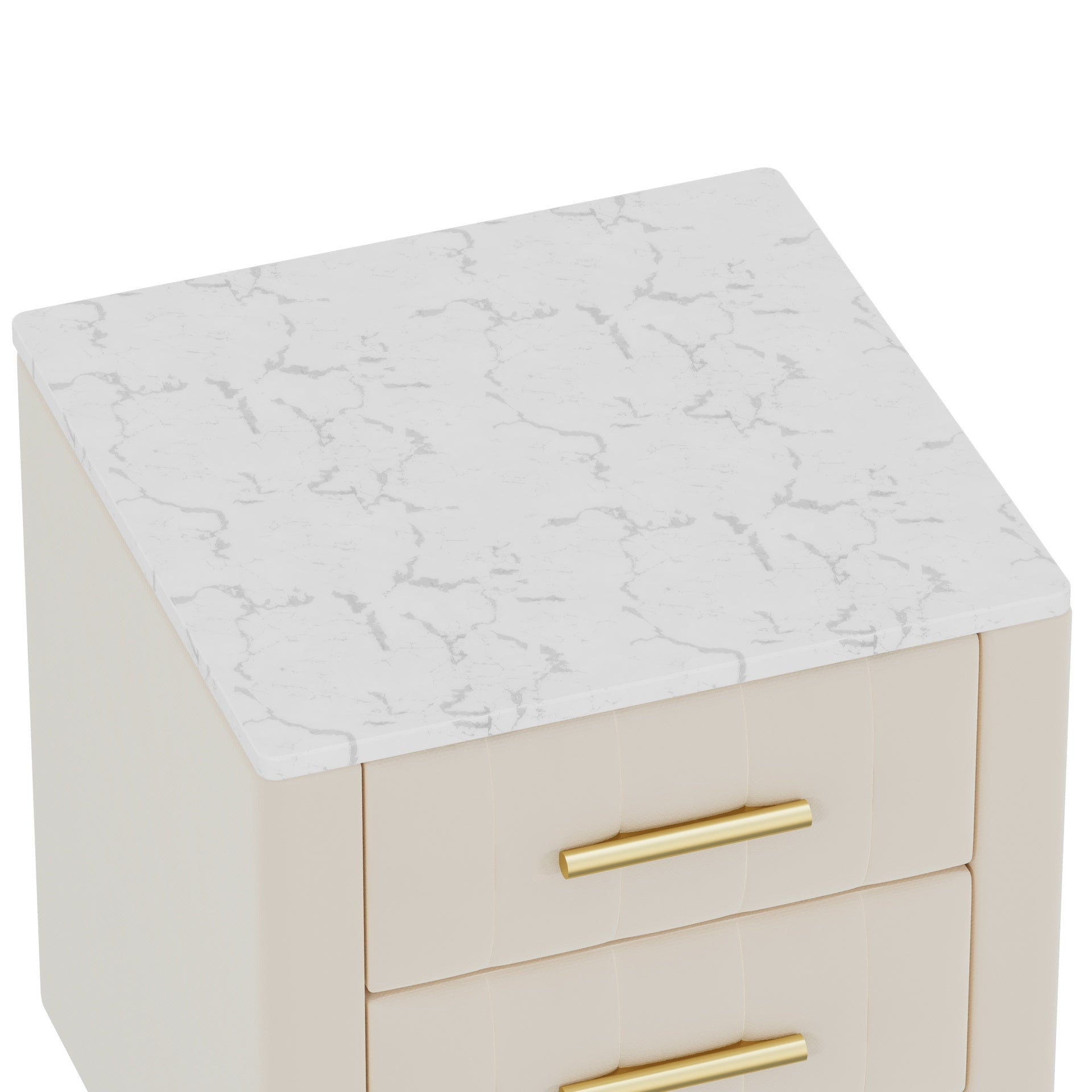 Upholstered Wooden Nightstand with 3 Drawers and Metal Legs&Handles, Bedside Table with Marbling Stickers Worktop - Beige