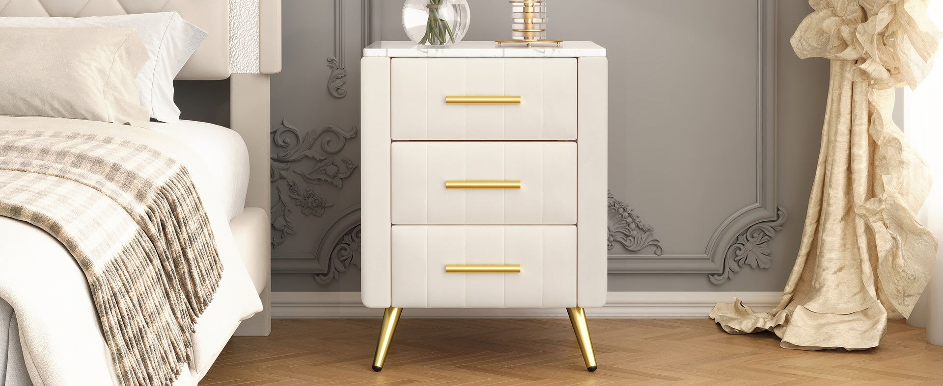 Upholstered Wooden Nightstand with 3 Drawers and Metal Legs&Handles, Bedside Table with Marbling Stickers Worktop - Beige