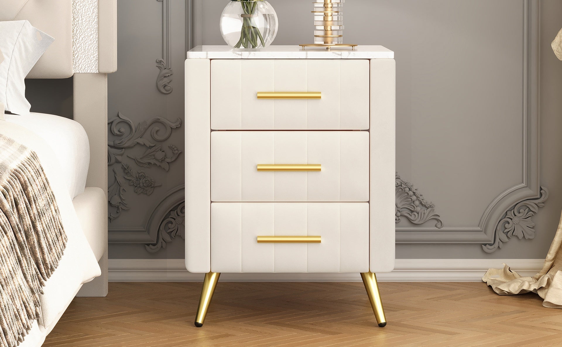Upholstered Wooden Nightstand with 3 Drawers and Metal Legs&Handles, Bedside Table with Marbling Stickers Worktop - Beige
