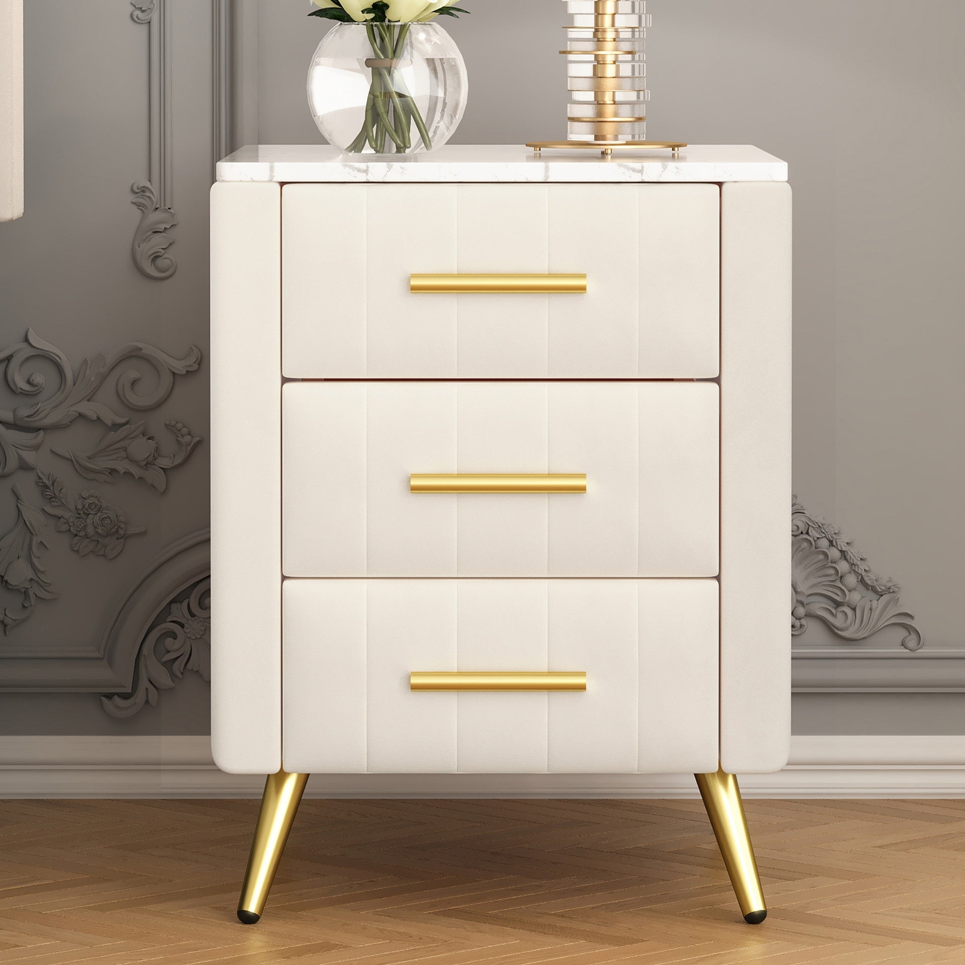 Upholstered Wooden Nightstand with 3 Drawers and Metal Legs&Handles, Bedside Table with Marbling Stickers Worktop - Beige