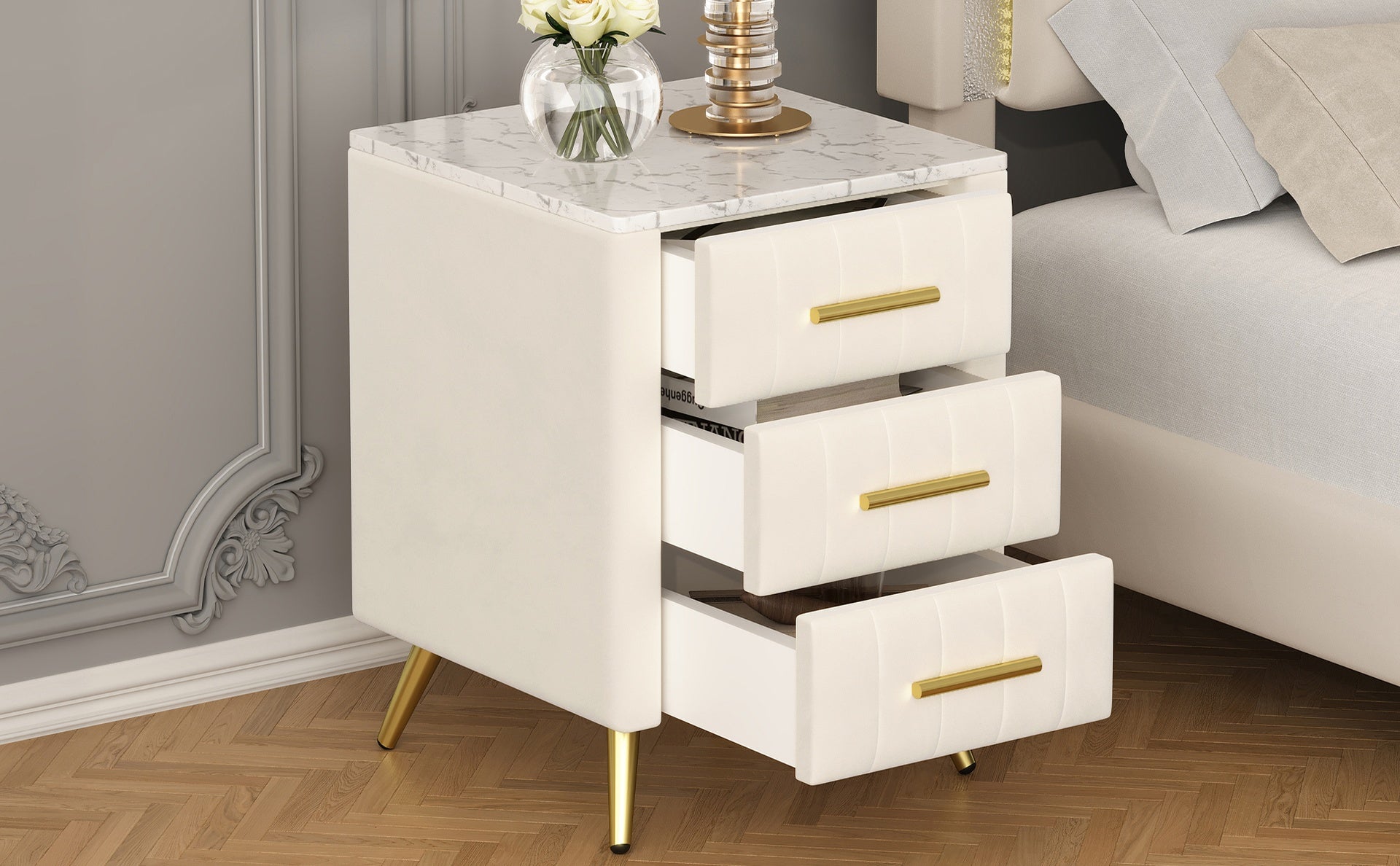 Upholstered Wooden Nightstand with 3 Drawers and Metal Legs&Handles, Bedside Table with Marbling Stickers Worktop - Beige