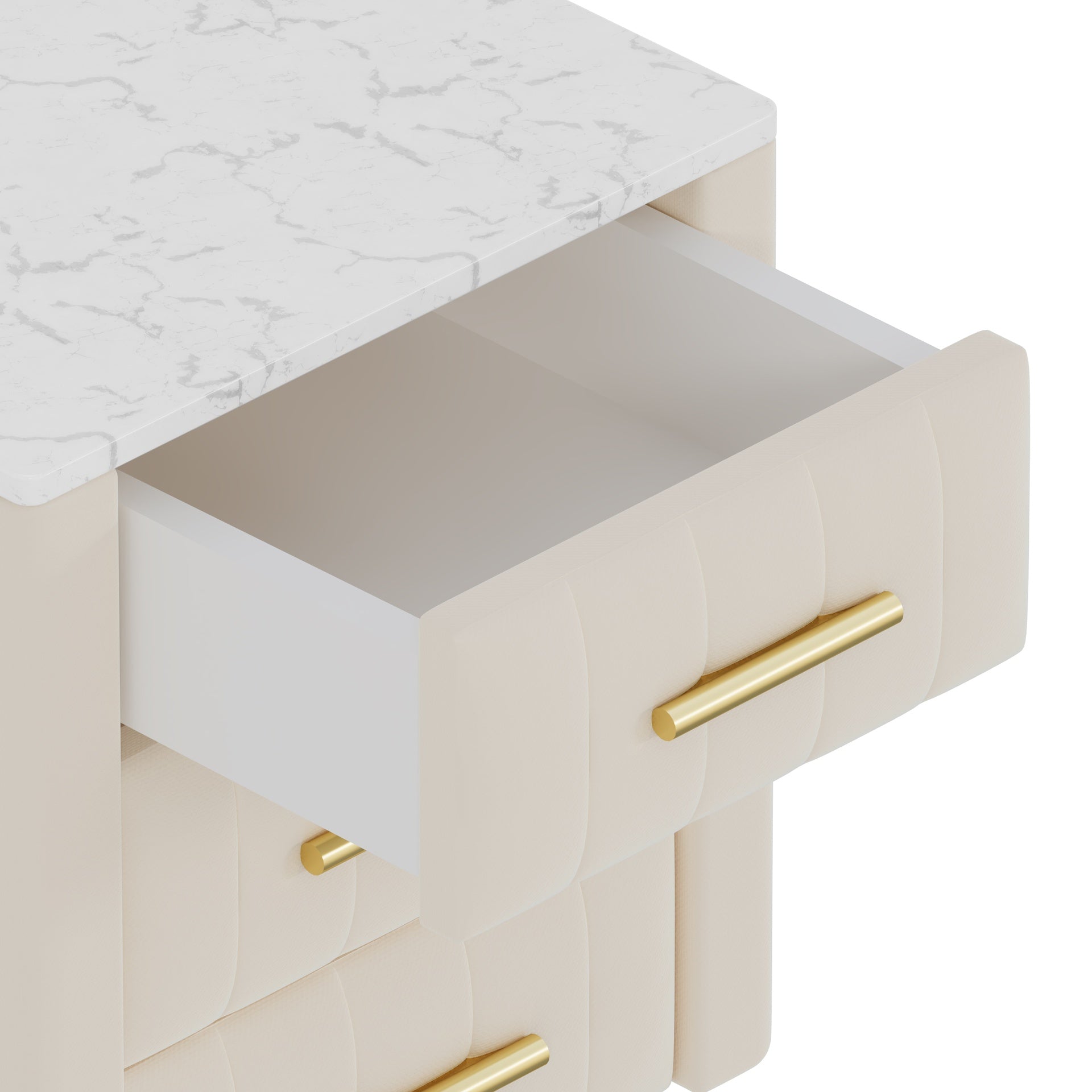 Upholstered Wooden Nightstand with 3 Drawers and Metal Legs&Handles, Bedside Table with Marbling Stickers Worktop - Beige