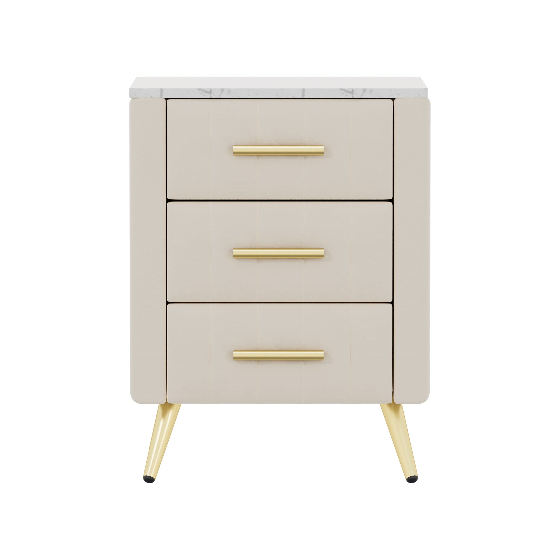 Upholstered Wooden Nightstand with 3 Drawers and Metal Legs&Handles, Bedside Table with Marbling Stickers Worktop - Beige