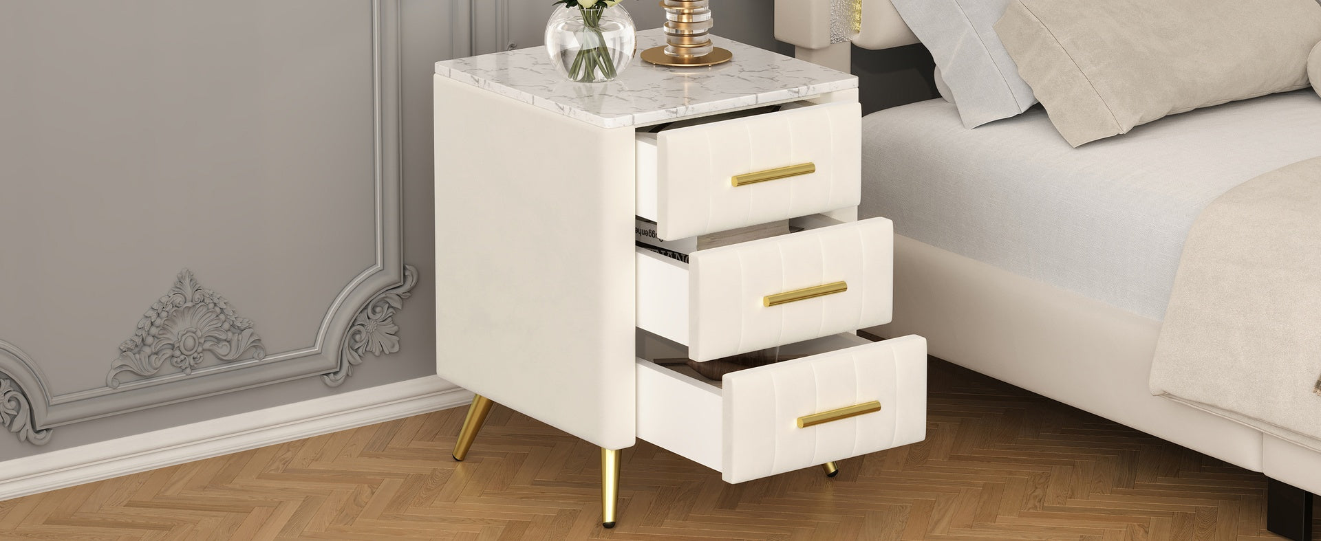 Upholstered Wooden Nightstand with 3 Drawers and Metal Legs&Handles, Bedside Table with Marbling Stickers Worktop - Beige