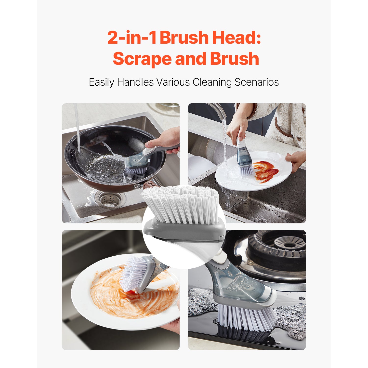 Soap Dispensing Dish Brush, Kitchen Scrub Brushes with 3 Brush Heads, Dish Cleaning Brushes with PP Handle and Curved Bristles, Ideal for Pots, Pans, Sink and Stove