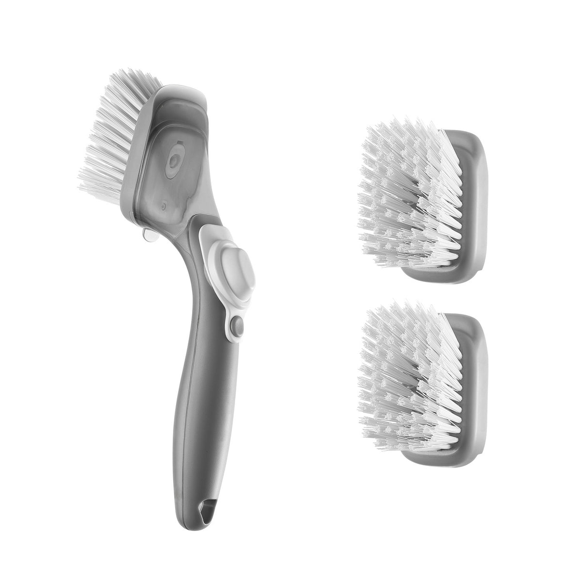 Soap Dispensing Dish Brush, Kitchen Scrub Brushes with 3 Brush Heads, Dish Cleaning Brushes with PP Handle and Curved Bristles, Ideal for Pots, Pans, Sink and Stove