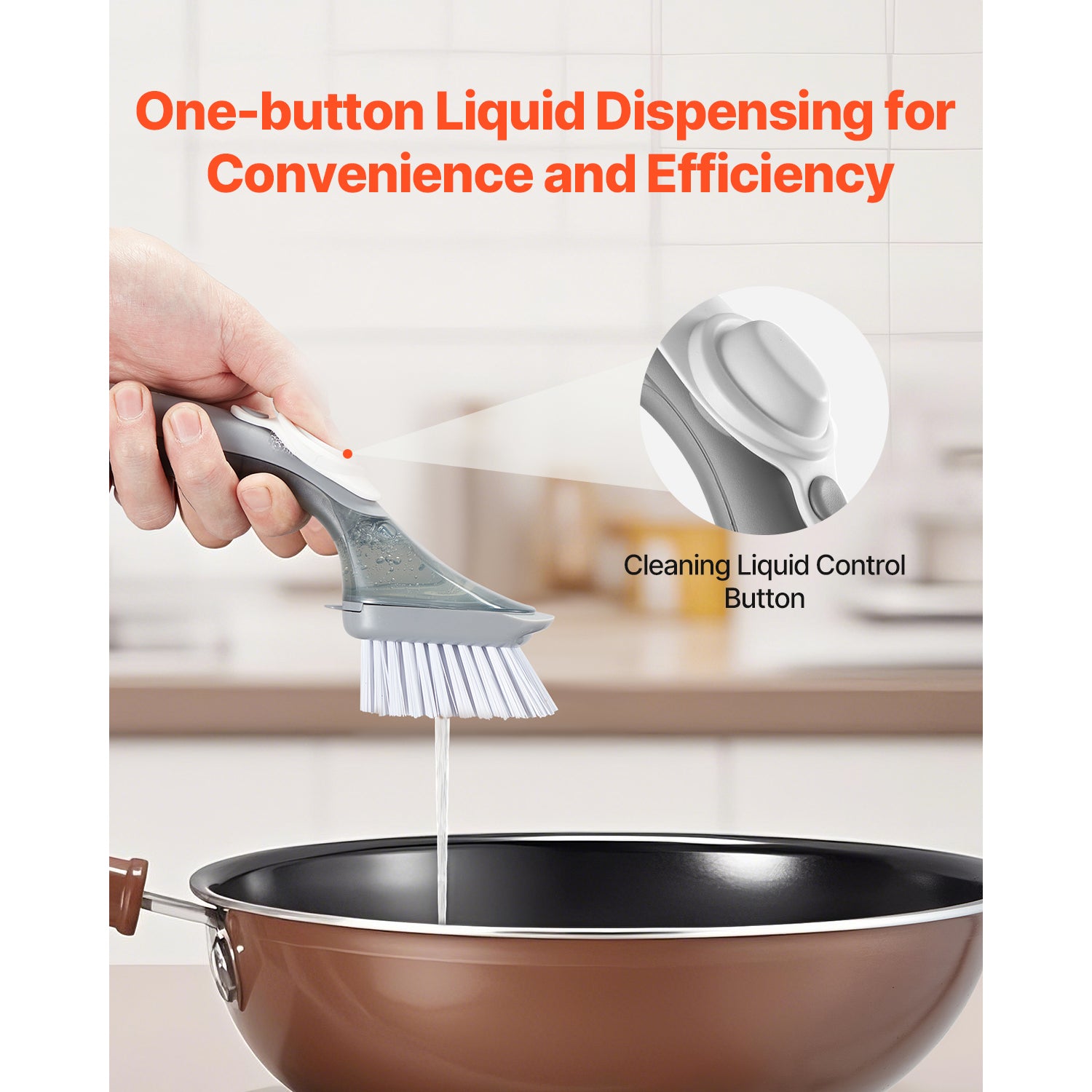 Soap Dispensing Dish Brush, Kitchen Scrub Brushes with 3 Brush Heads, Dish Cleaning Brushes with PP Handle and Curved Bristles, Ideal for Pots, Pans, Sink and Stove
