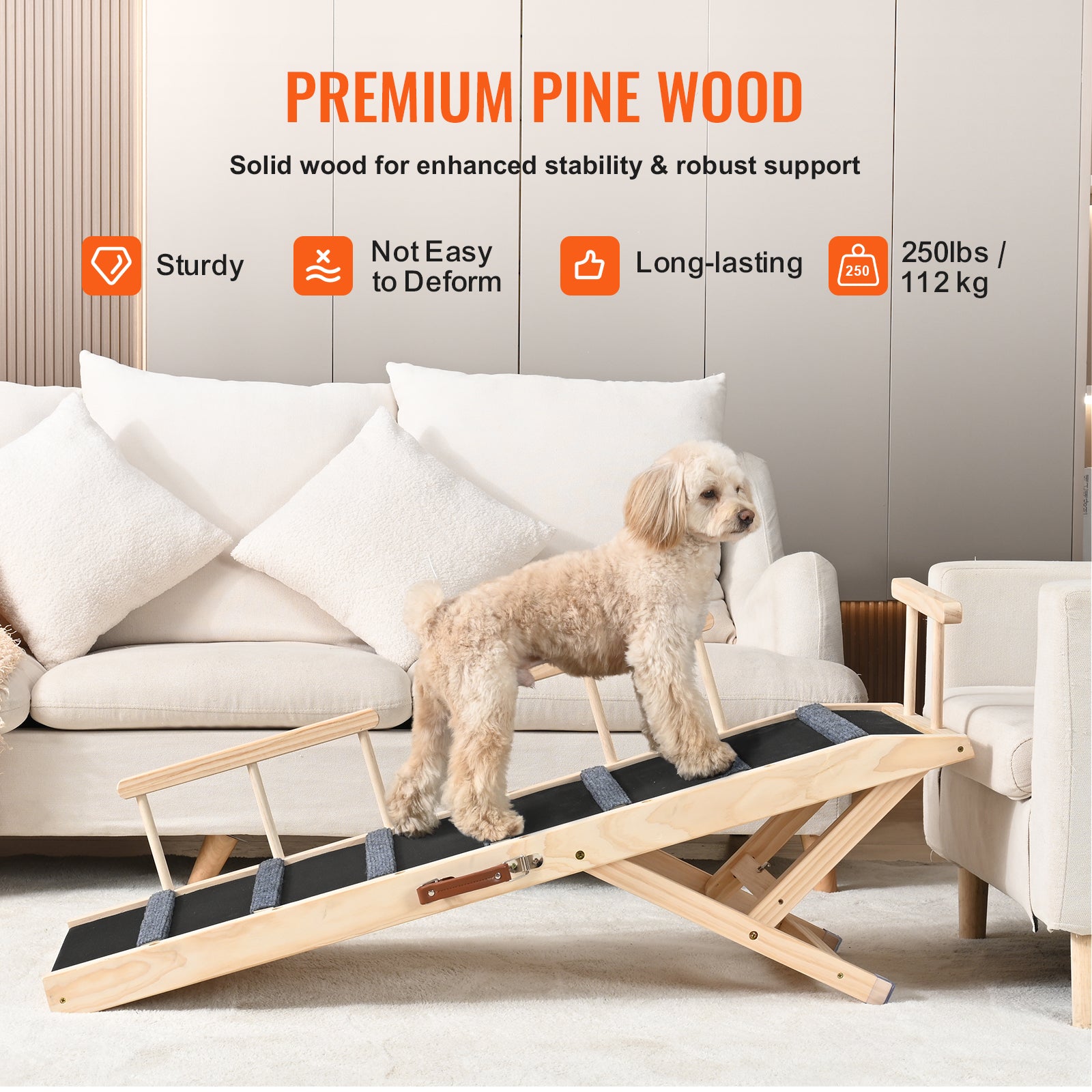 Dog Ramp, Folding Pet Ramp for Bed, Adjustable Dog Ramp for Small, Large, Old Dogs & Cats, Wooden Pet Ramp with 47.2" Long Ramp, Adjustable from 13.8" to 27.6", Suitable for Couch, Sofa, Car