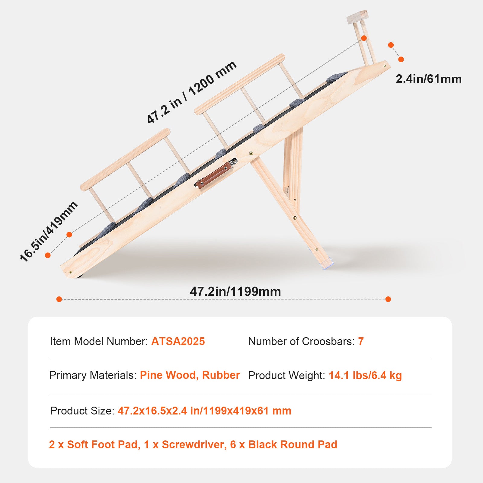 Dog Ramp, Folding Pet Ramp for Bed, Adjustable Dog Ramp for Small, Large, Old Dogs & Cats, Wooden Pet Ramp with 47.2" Long Ramp, Adjustable from 13.8" to 27.6", Suitable for Couch, Sofa, Car