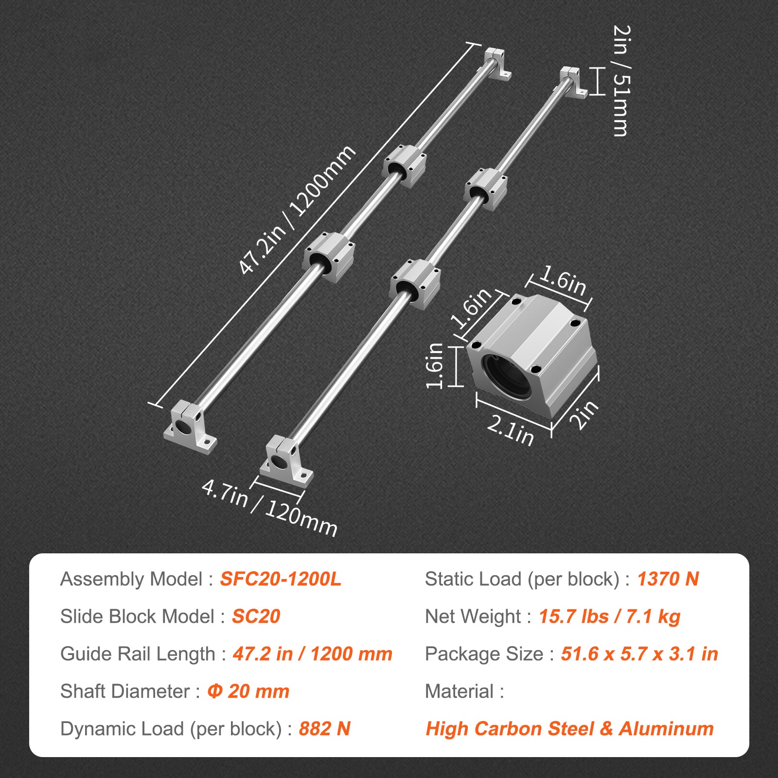 Linear Guide Rail Set, SFC20 1200mm, 2 PCS 47.2 in/1200 mm SFC20 Guide Rails 4 PCS SC20 Slide Blocks 4 PCS Rail Supports, Linear Rails and Bearings Kit for Automated Machines CNC DIY Project