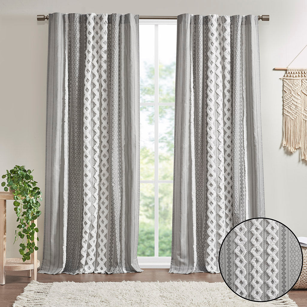 Cotton Printed Curtain Panel with Chenille Stripe and Lining Gray 50x84"