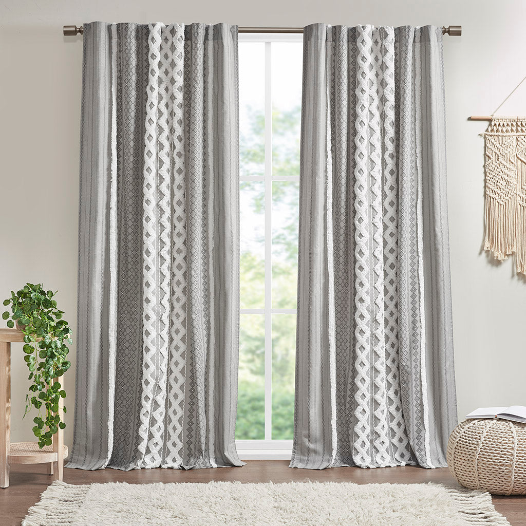 Cotton Printed Curtain Panel with Chenille Stripe and Lining Gray 50x84"