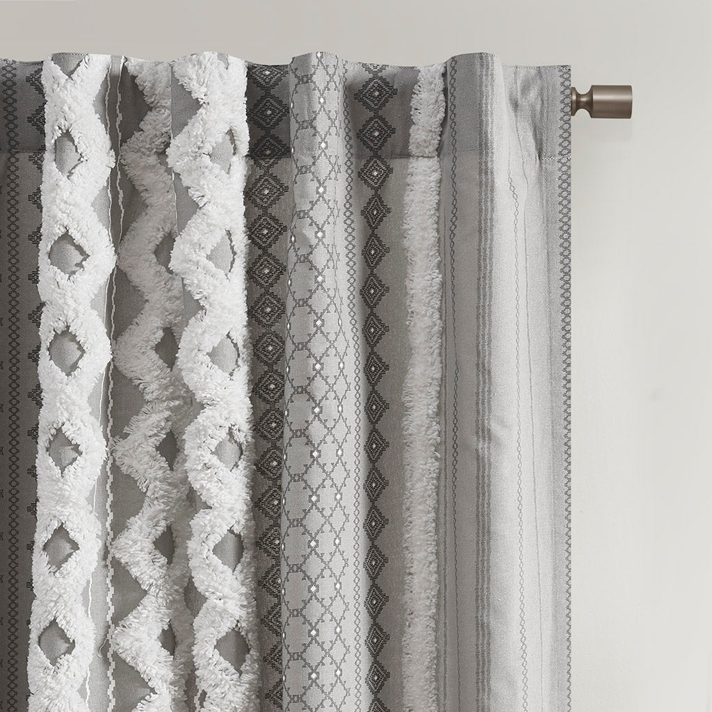 Cotton Printed Curtain Panel with Chenille Stripe and Lining Gray 50x84"