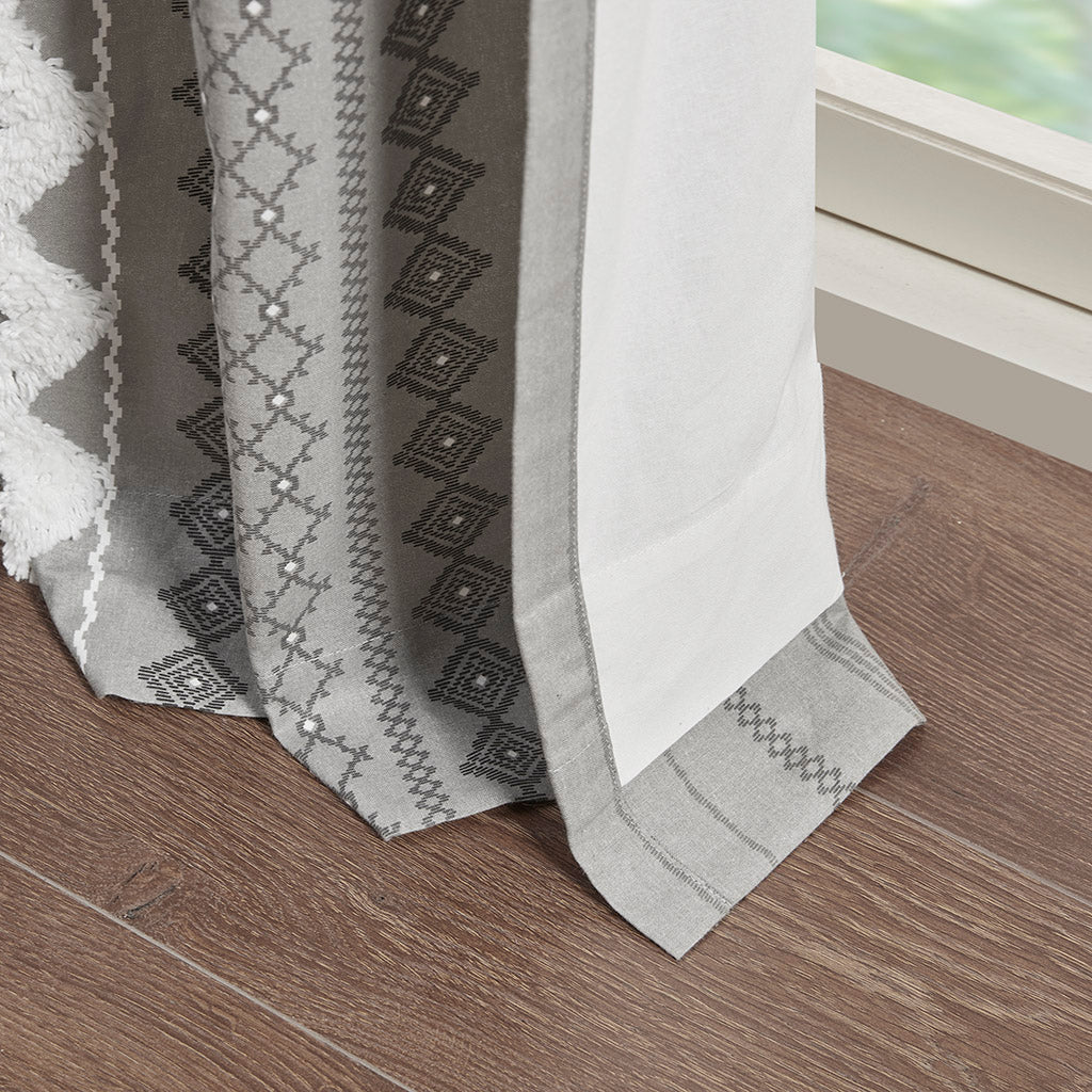 Cotton Printed Curtain Panel with Chenille Stripe and Lining Gray 50x84"