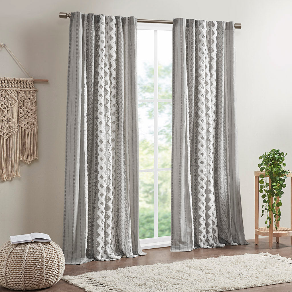 Cotton Printed Curtain Panel with Chenille Stripe and Lining Gray 50x84"