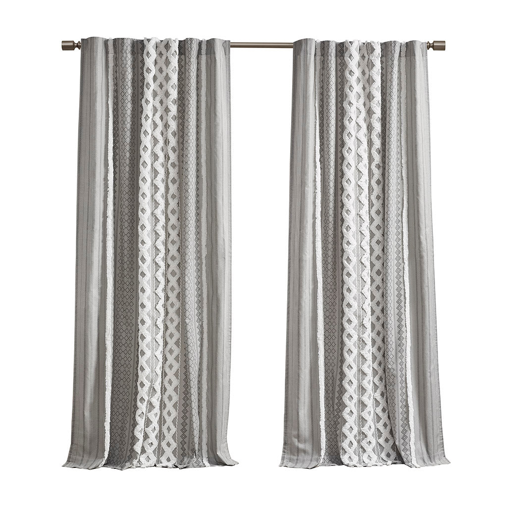 Cotton Printed Curtain Panel with Chenille Stripe and Lining Gray 50x84"