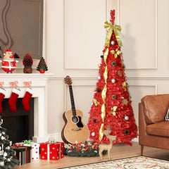 6FT Red Pop-Up Christmas Tree with 150 Warm White LED Lights, Ornaments Included – 4 Ribbons, Bow, Flowers, Snowflakes, Pine Cones & Balls – Easy Assembly & Space-Saving Holiday Décor