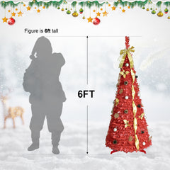 6FT Red Pop-Up Christmas Tree with 150 Warm White LED Lights, Ornaments Included – 4 Ribbons, Bow, Flowers, Snowflakes, Pine Cones & Balls – Easy Assembly & Space-Saving Holiday Décor