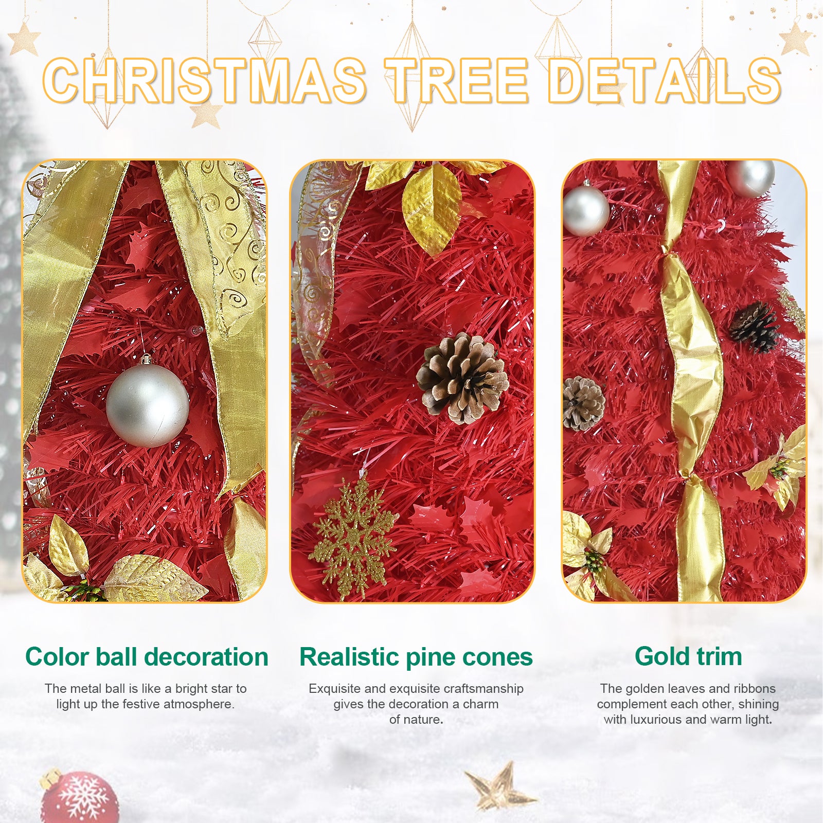 6FT Red Pop-Up Christmas Tree with 150 Warm White LED Lights, Ornaments Included – 4 Ribbons, Bow, Flowers, Snowflakes, Pine Cones & Balls – Easy Assembly & Space-Saving Holiday Décor