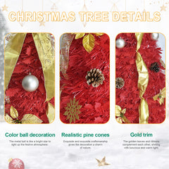 6FT Red Pop-Up Christmas Tree with 150 Warm White LED Lights, Ornaments Included – 4 Ribbons, Bow, Flowers, Snowflakes, Pine Cones & Balls – Easy Assembly & Space-Saving Holiday Décor