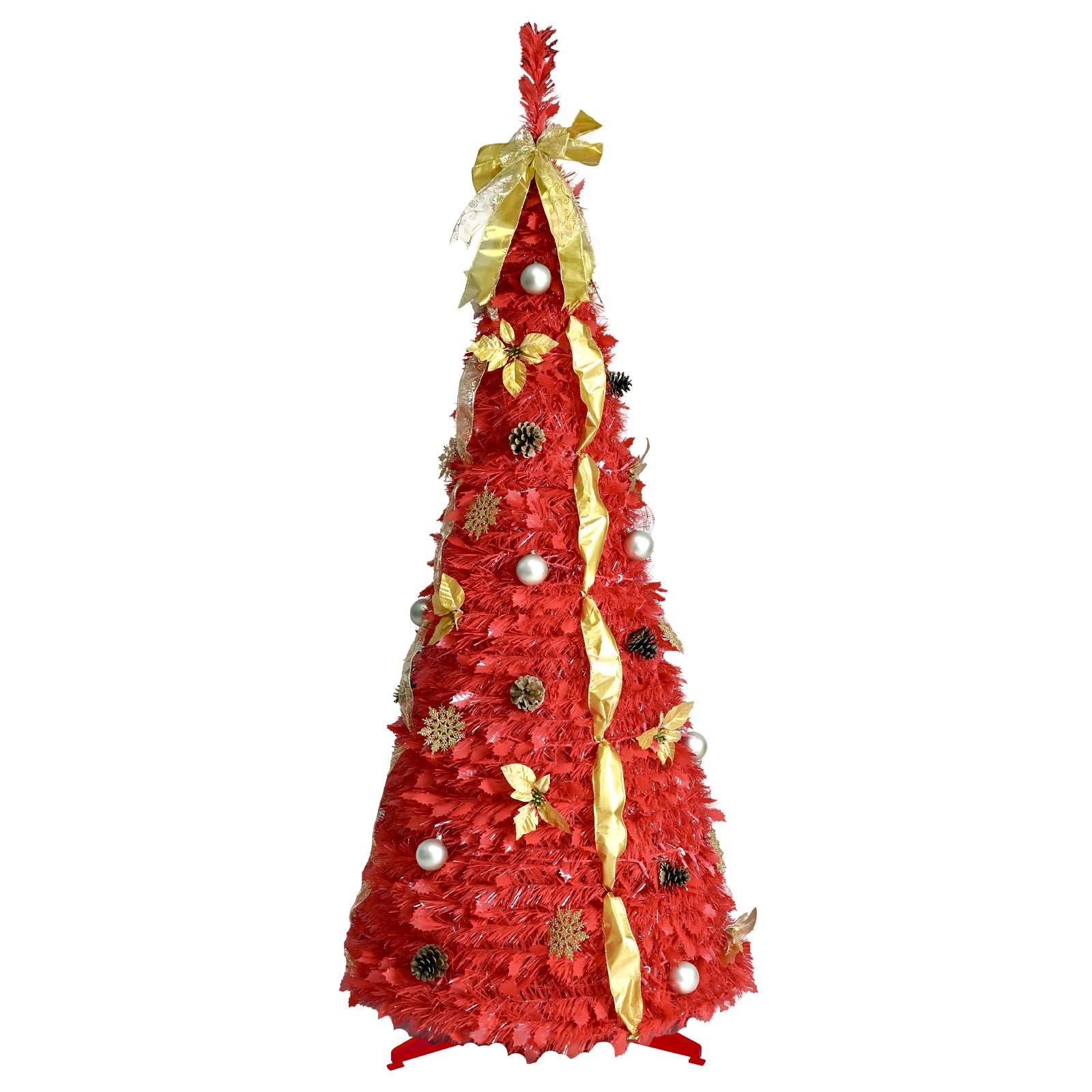 6FT Red Pop-Up Christmas Tree with 150 Warm White LED Lights, Ornaments Included – 4 Ribbons, Bow, Flowers, Snowflakes, Pine Cones & Balls – Easy Assembly & Space-Saving Holiday Décor