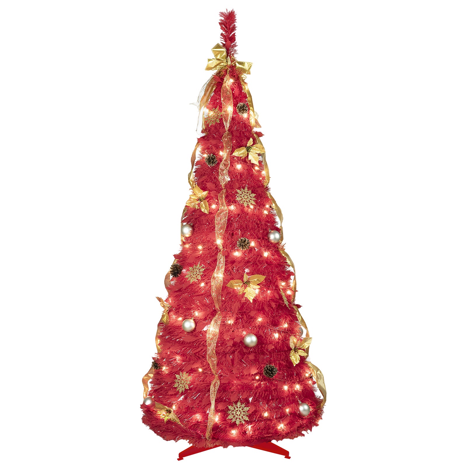 6FT Red Pop-Up Christmas Tree with 150 Warm White LED Lights, Ornaments Included – 4 Ribbons, Bow, Flowers, Snowflakes, Pine Cones & Balls – Easy Assembly & Space-Saving Holiday Décor