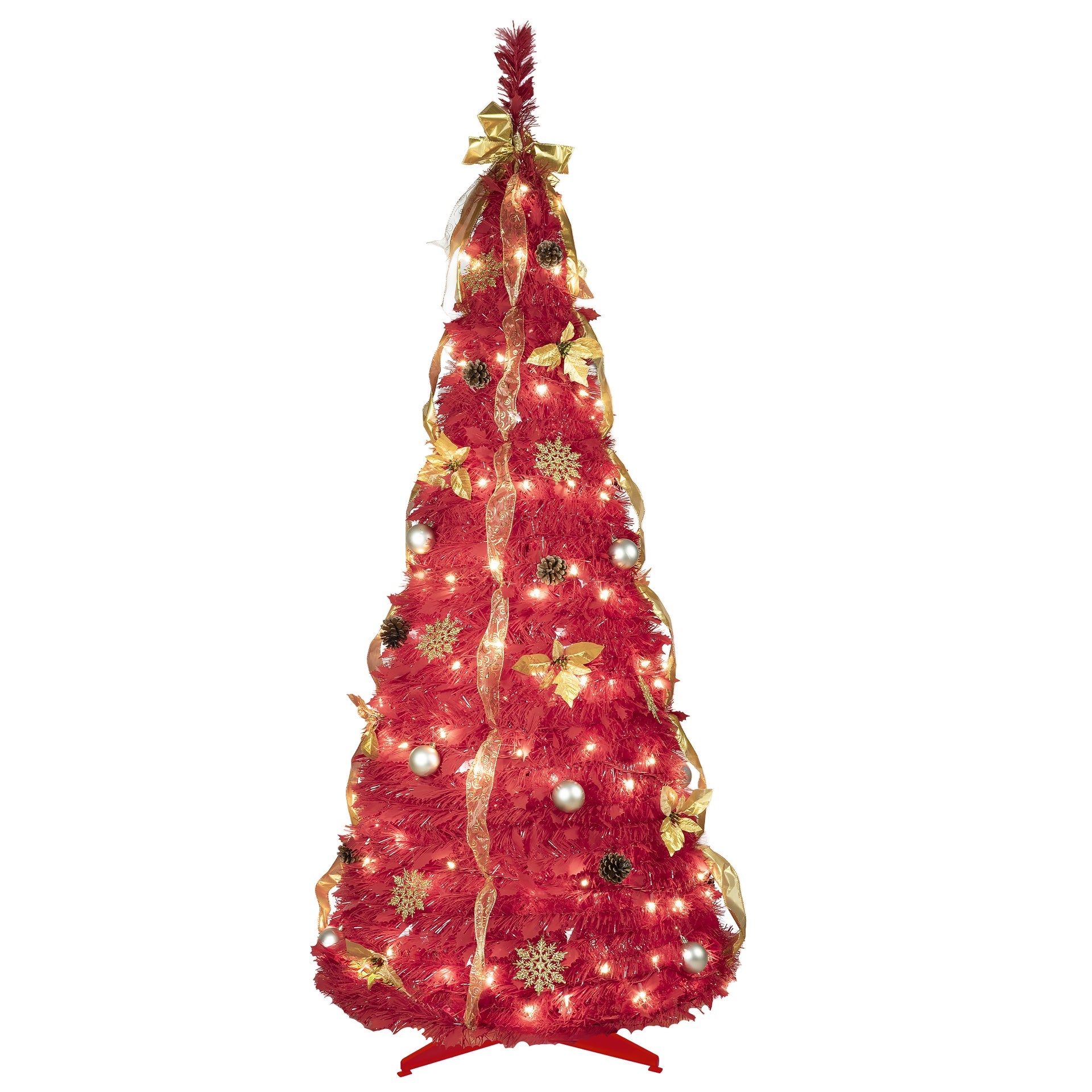 6FT Red Pop-Up Christmas Tree with 150 Warm White LED Lights, Ornaments Included – 4 Ribbons, Bow, Flowers, Snowflakes, Pine Cones & Balls – Easy Assembly & Space-Saving Holiday Décor