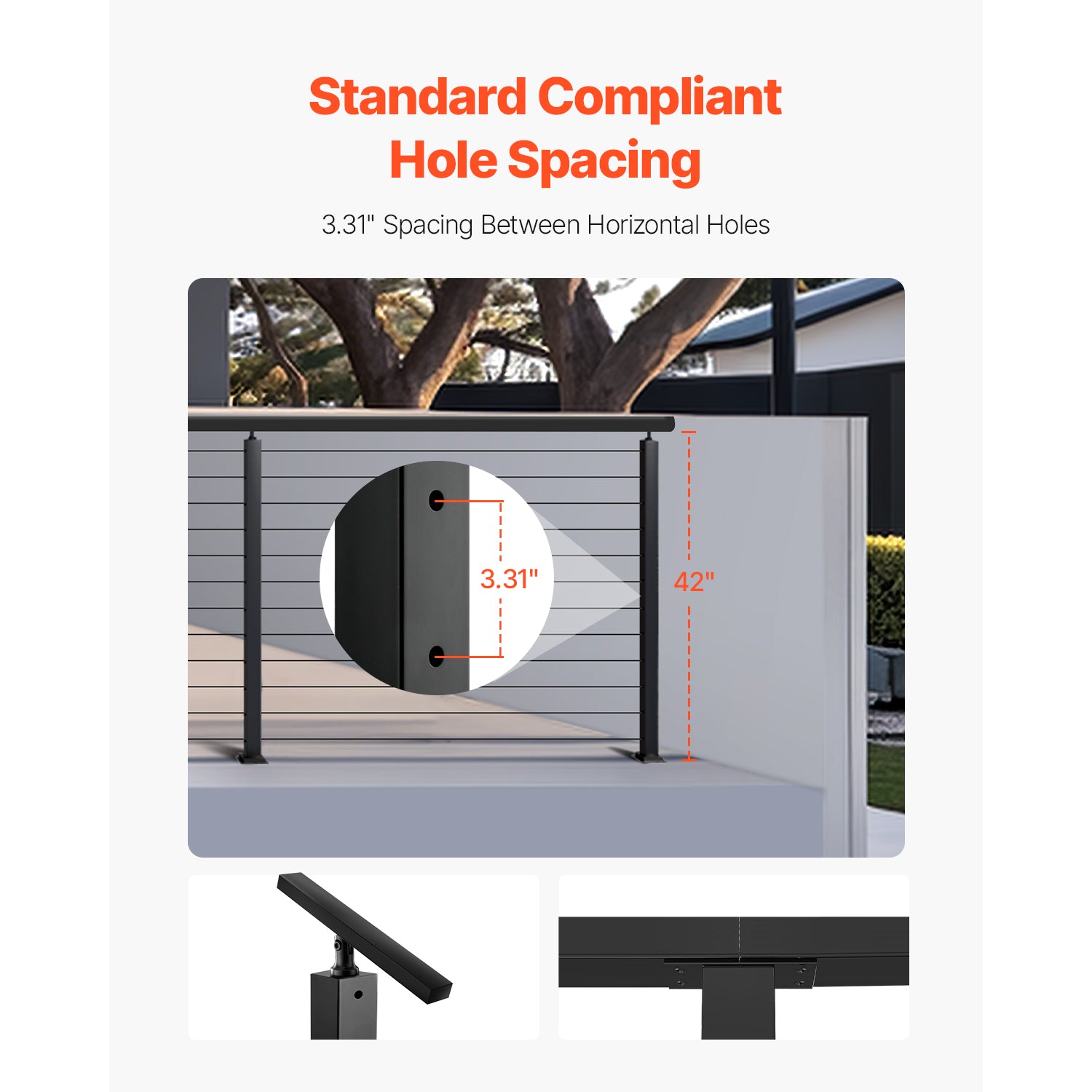 4-Pack Cable Railing Post, 42x2x2 In Horizontal-Hole Deck Railing Post with Pre-Drilled Holes, Stainless Steel Cable Rail Post with Horizontal and Curved Bracket, Black, 4JZLGZXHS106URZU0001V0