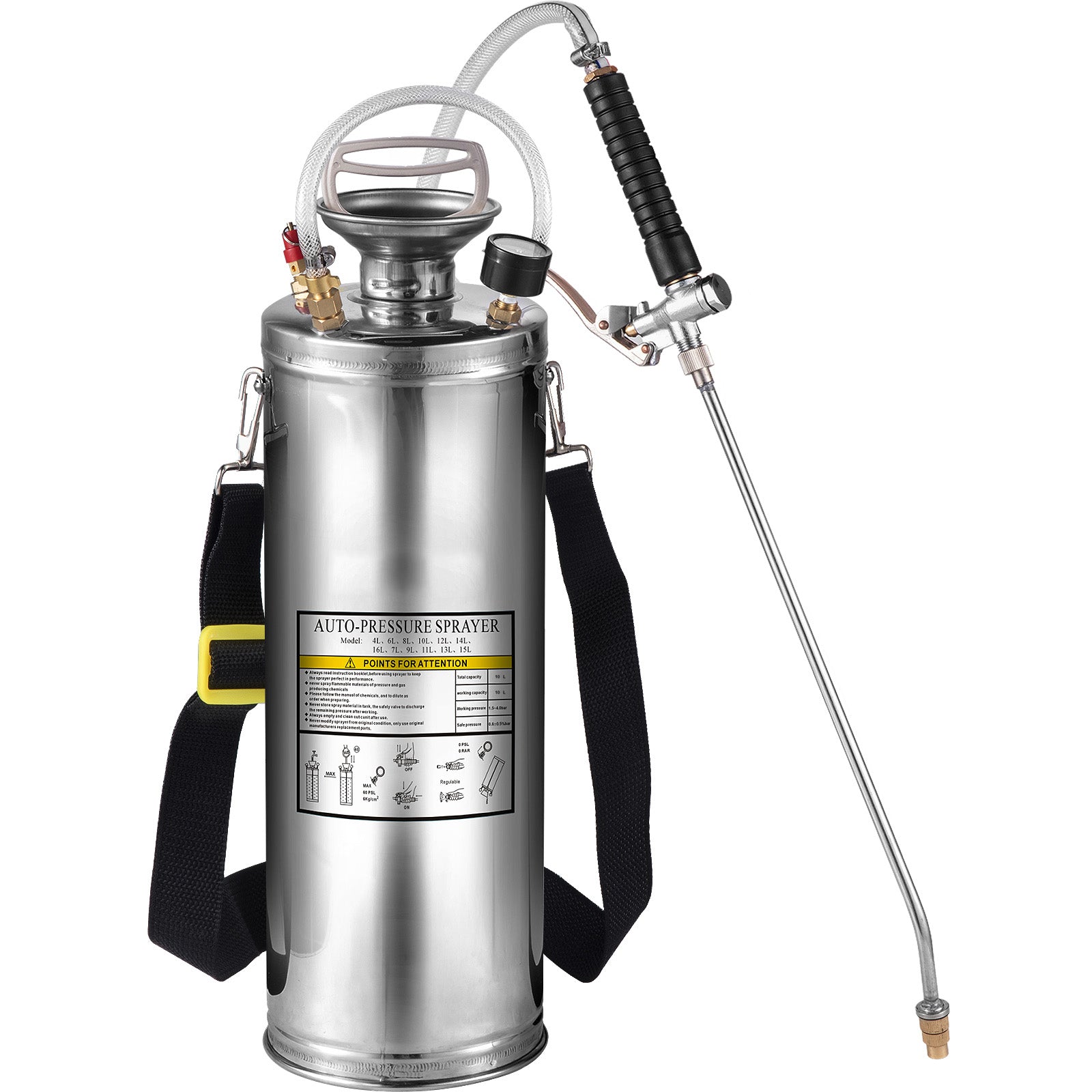 3Gal Stainless Steel Sprayer, Set with 20" Wand& Handle& 3FT Reinforced Hose, Hand Pump Sprayer with Pressure Gauge&Safety Valve, Adjustable Nozzle Suitable for Gardening and Sanitizing