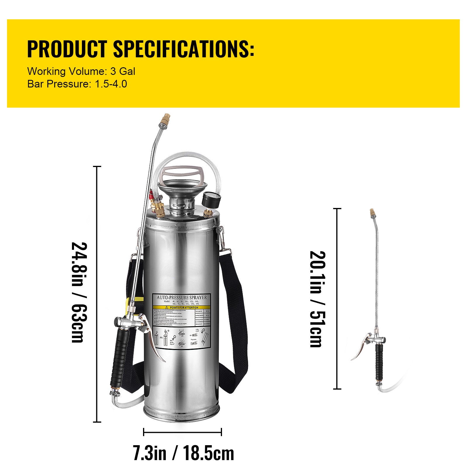3Gal Stainless Steel Sprayer, Set with 20" Wand& Handle& 3FT Reinforced Hose, Hand Pump Sprayer with Pressure Gauge&Safety Valve, Adjustable Nozzle Suitable for Gardening and Sanitizing