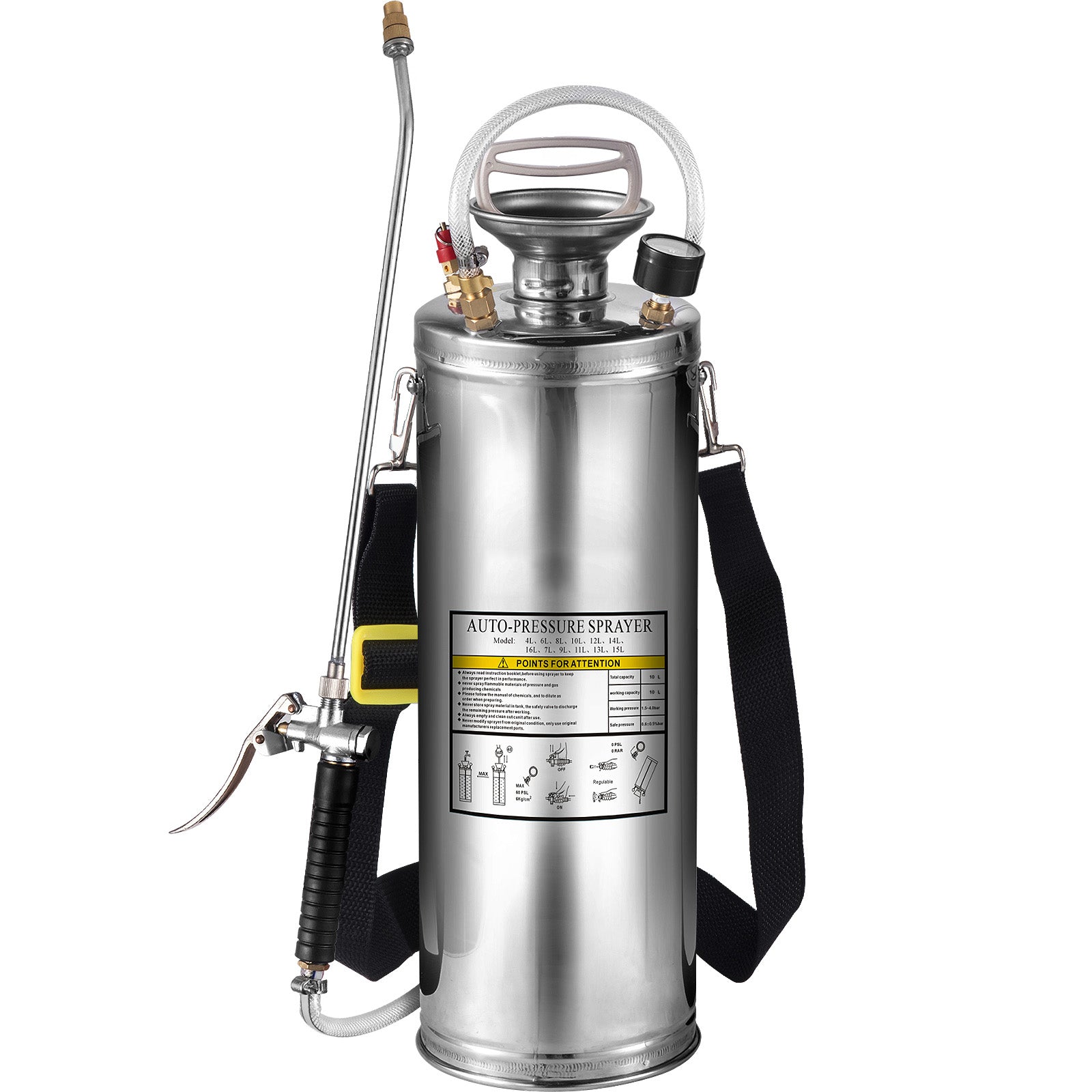 3Gal Stainless Steel Sprayer, Set with 20" Wand& Handle& 3FT Reinforced Hose, Hand Pump Sprayer with Pressure Gauge&Safety Valve, Adjustable Nozzle Suitable for Gardening and Sanitizing