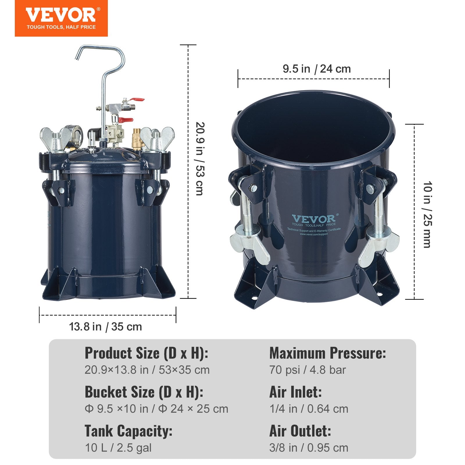 10L/2.5gal Spray Paint Pressure Pot Tank,  70PSI Max Air Paint Pressure Pot, Metal Rack and Leak Repair Sealant for Industry Home Decor Architecture Construction Automotive Painting