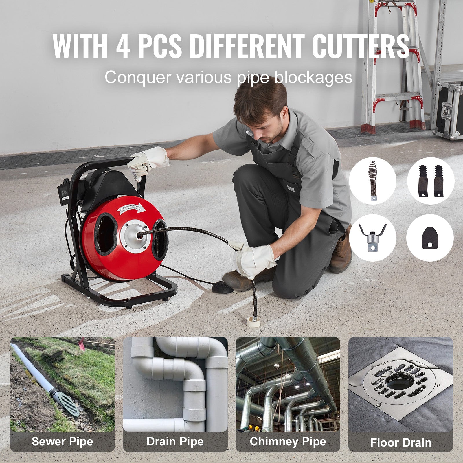 Drain Cleaner Machine 50FT x 1/2Inch Manual Feed Snake Auger with 4 Cutter