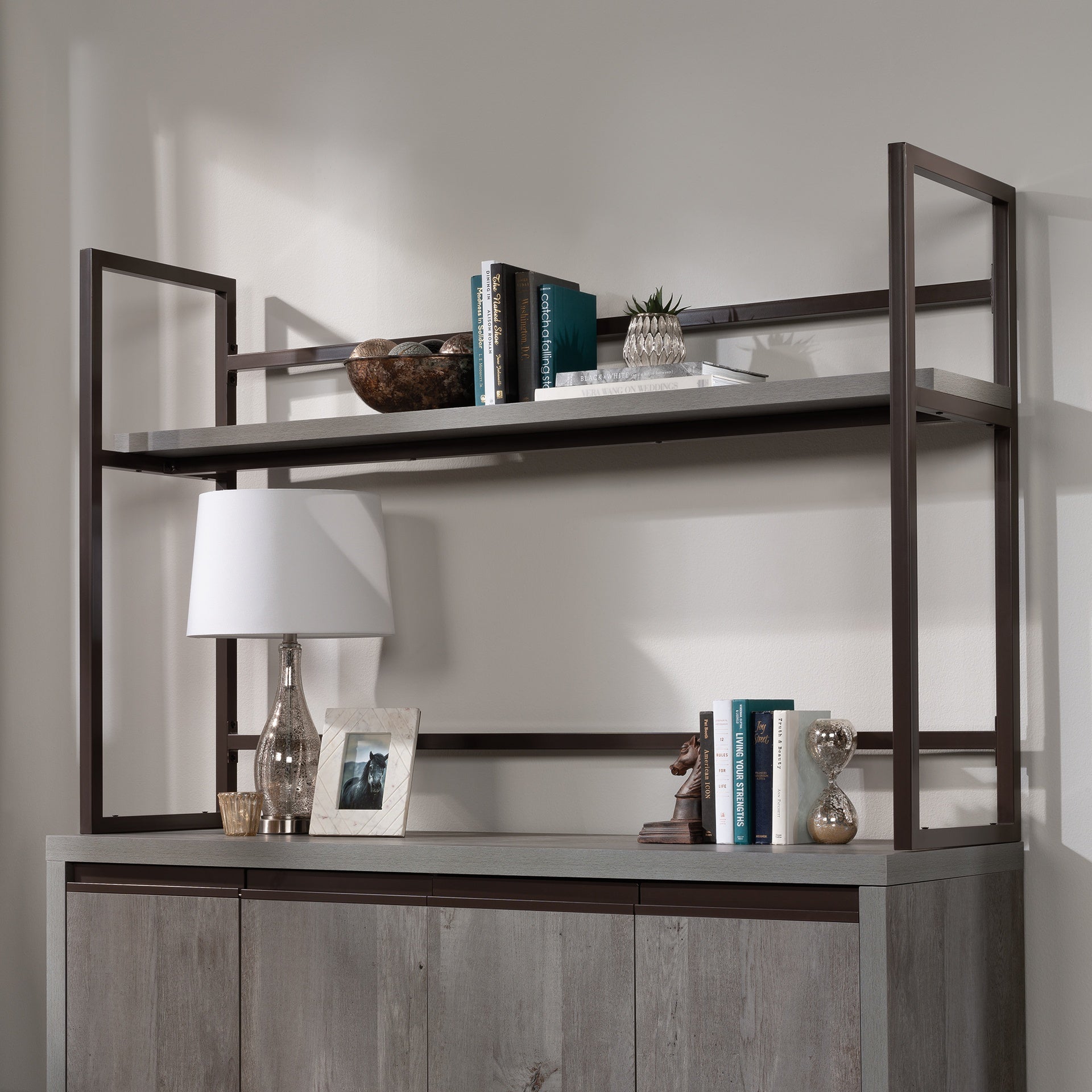 Credenza Hutch with Impact-Resistant Design, Brown finish
