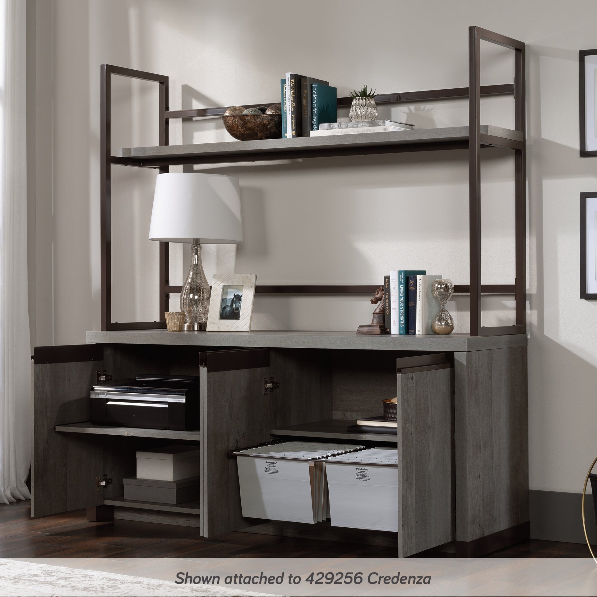 Credenza Hutch with Impact-Resistant Design, Brown finish