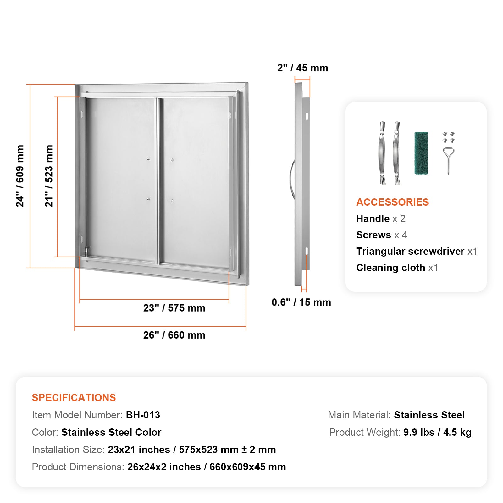 BBQ Access Door, 26W x 24H Inch Double Outdoor Kitchen Door, Stainless Steel Flush Mount Door, Wall Vertical Door with Handles, for BBQ Island, Grilling Station, Outside Cabinet